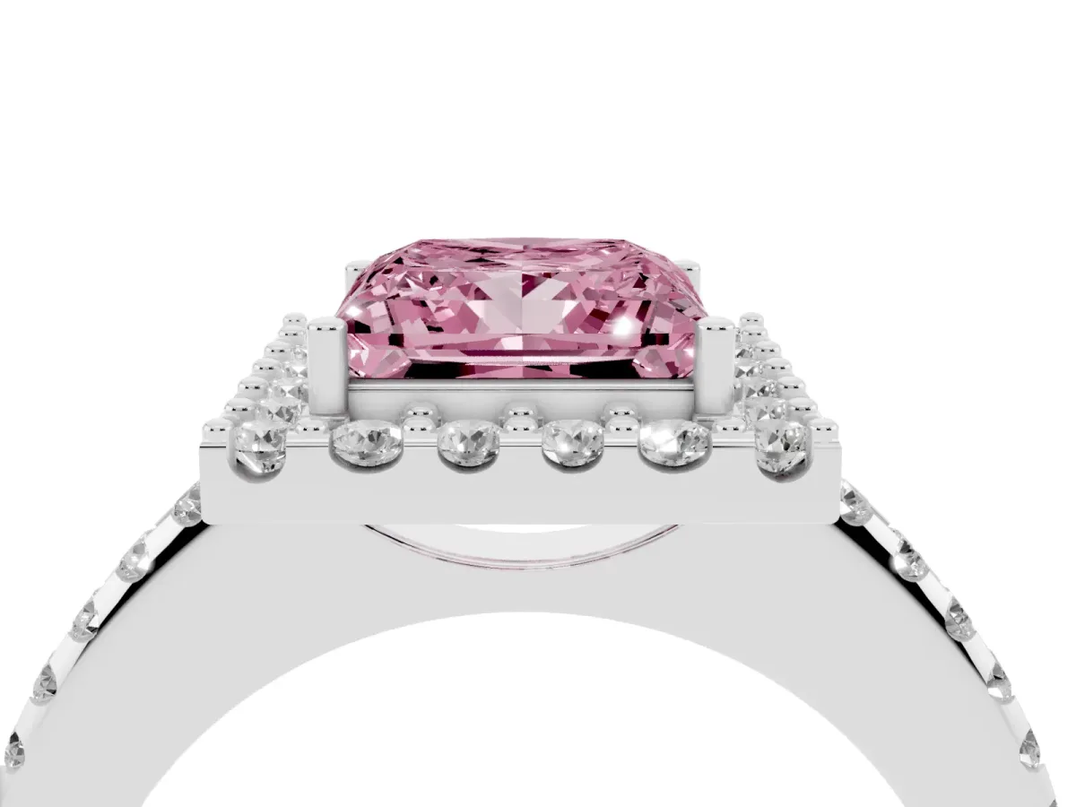 Fancy Pink Princess Cut Diamond Pavé Halo Ring with Four-Prong Setting Silver