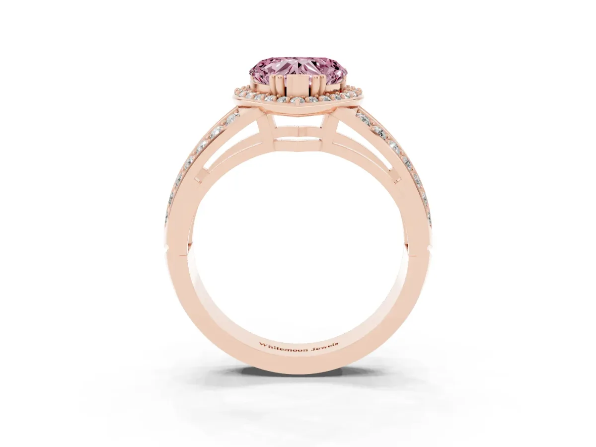 Fancy Pink Heart Cut Diamond Halo Ring with Split Shank Pavé Band and Four-Prong Setting Rose gold