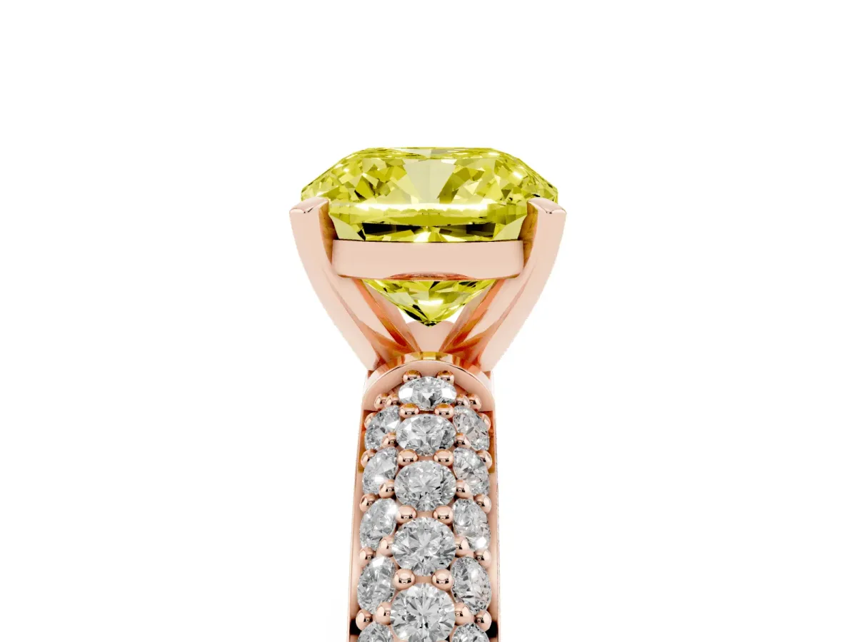 Fancy Yellow Cushion Cut Diamond Solitaire Ring with Prong Setting and Pavé Band Rose gold