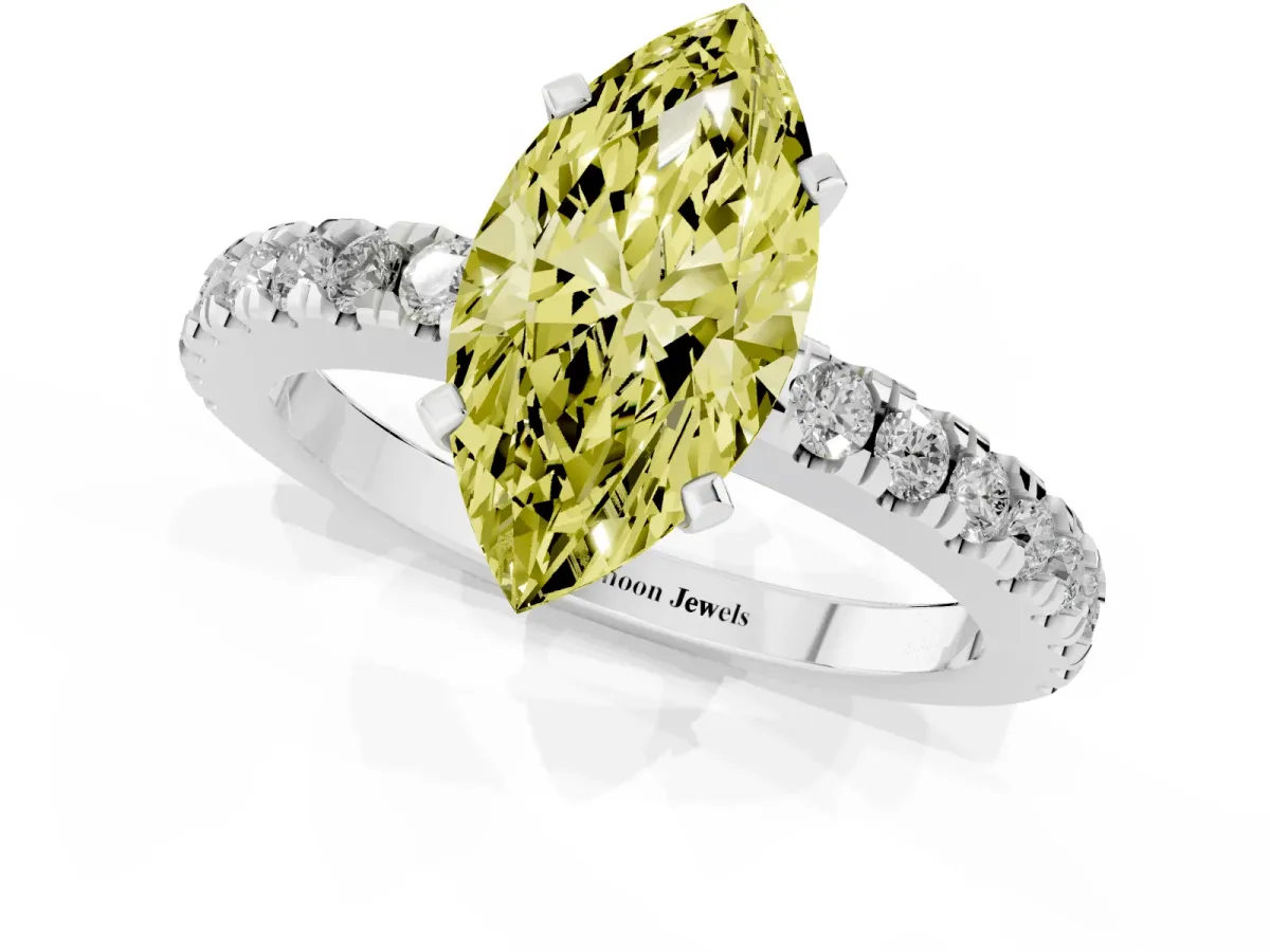 Fancy Yellow Marquise Cut Solitaire Diamond with Pavé Band and Four-Prong Setting Platinum