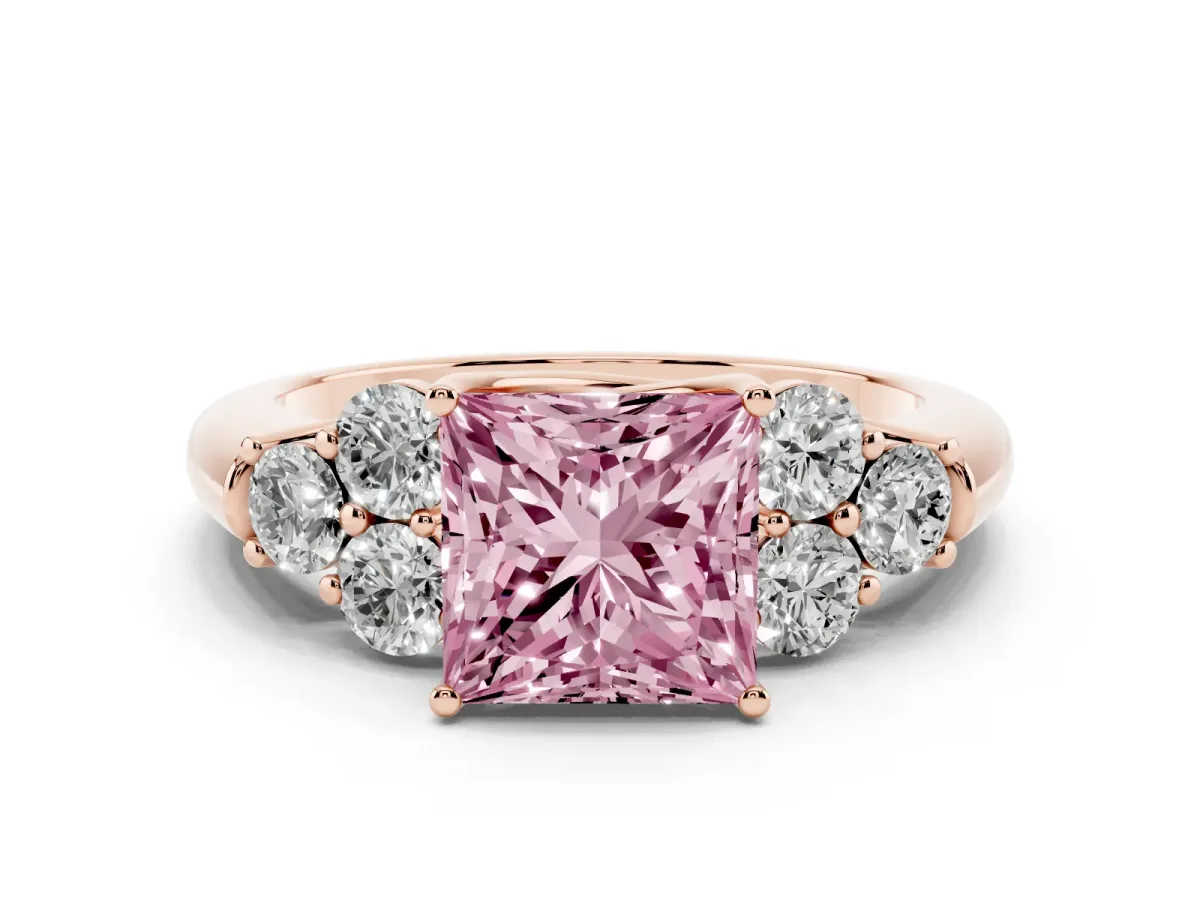 Fancy Pink Princess Cut Cut Diamond Cluster Ring with Round Accent Stones and Prong Setting on a Classic Band Rose gold