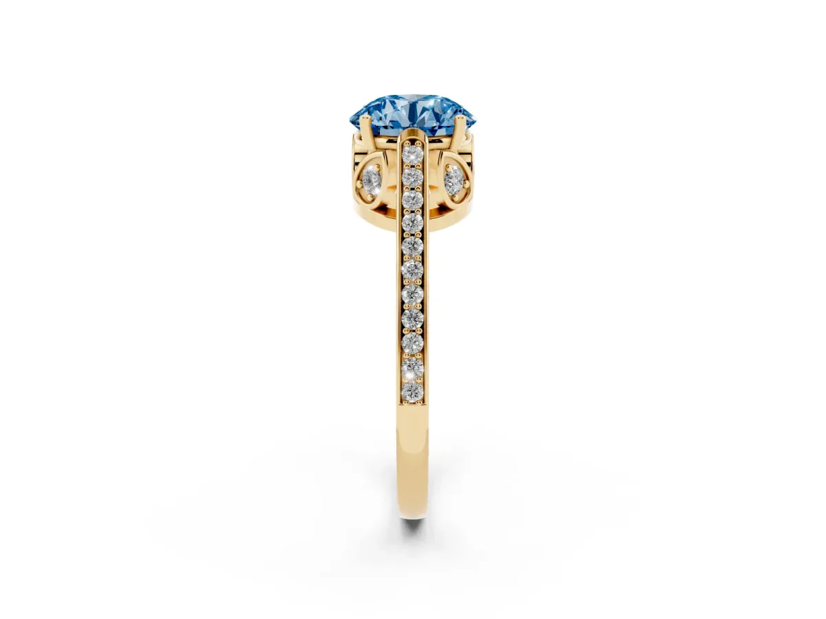 Fancy Blue Round Cut Cut Cathedral Pave Diamond Engagement Ring with Six-Prong Setting Yellow gold