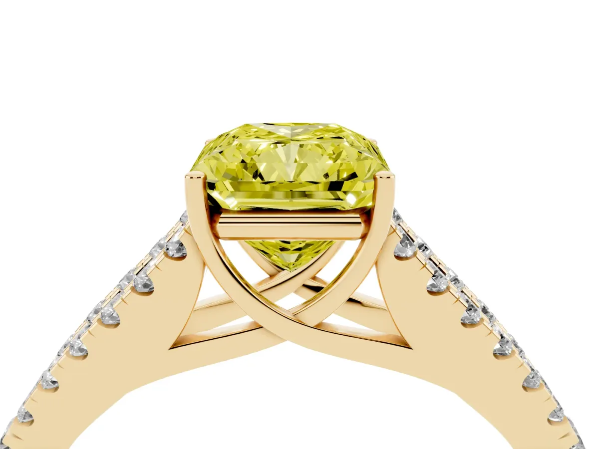 Fancy Yellow Radiant Cut Diamond Split Shank Pavé Engagement Ring with Four-Prong Setting Yellow gold