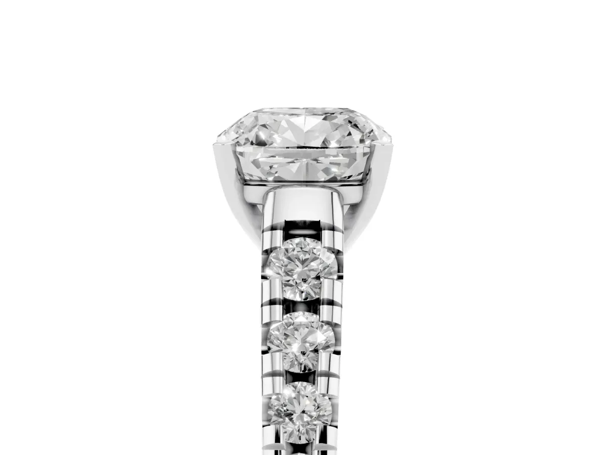 Cushion Cut Diamond Cathedral Solitaire Ring with Round Pavé Band Platinum