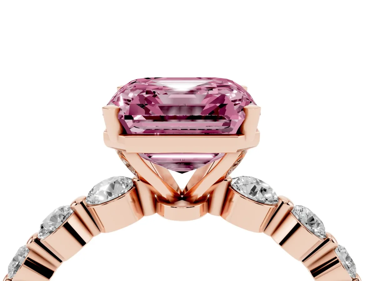 Fancy Pink Asscher Cut Solitaire Diamond Ring with Pave Band and Four-Prong Setting Rose gold