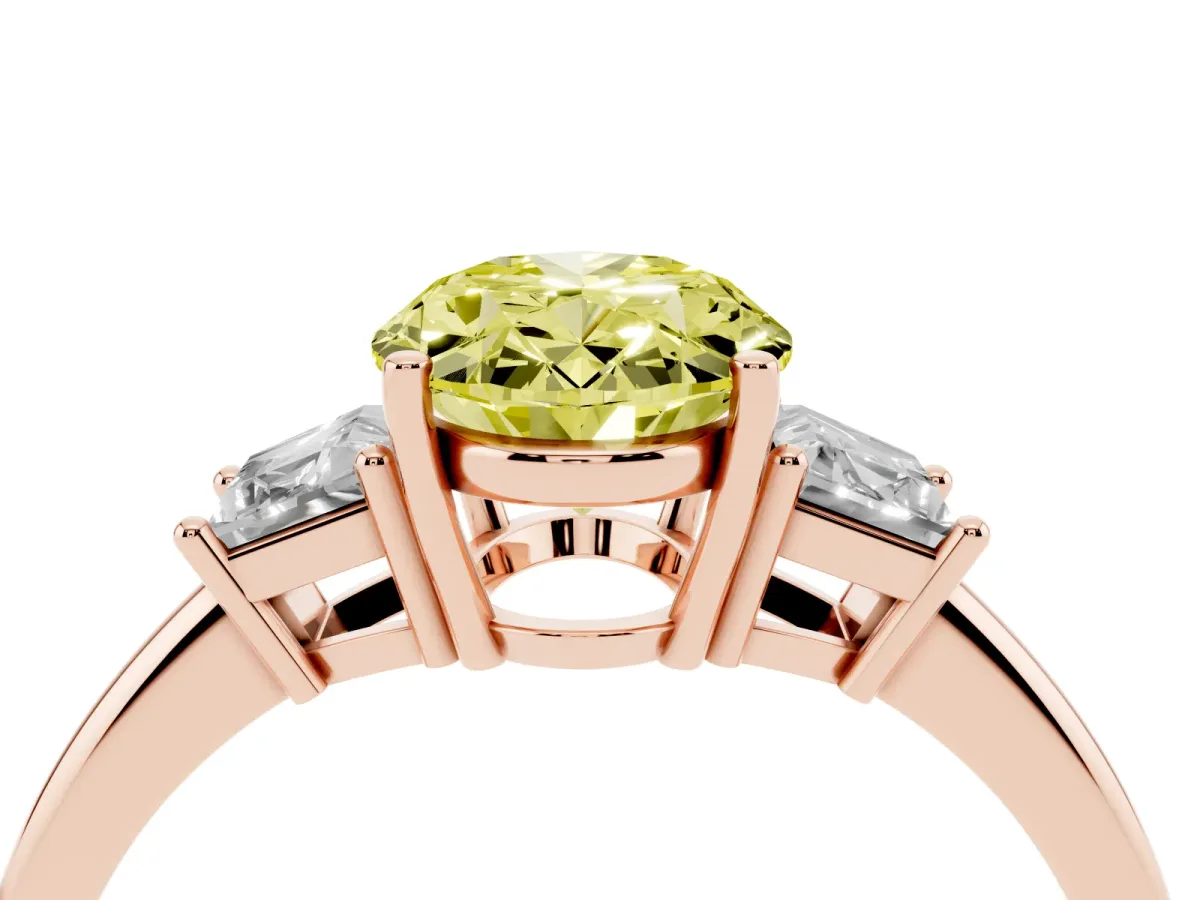 Fancy Yellow Oval Cut Diamond Three-Stone Ring with Trapezoid Side Stones and Prong Setting Rose gold