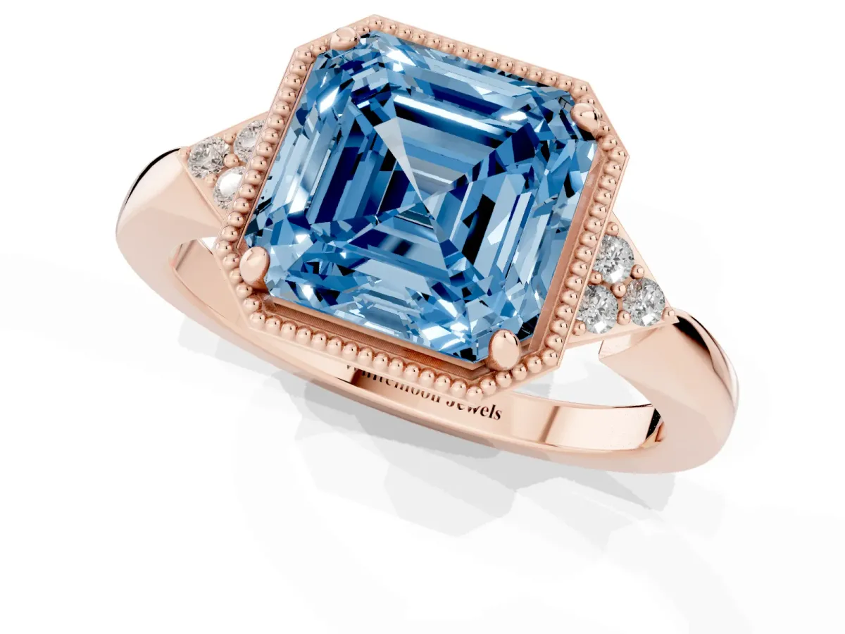 Fancy Blue Asscher Cut Diamond Halo Ring with Tapered Band and Four-Prong Setting Rose gold
