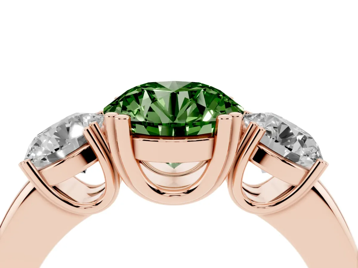 Fancy Green Three-Stone Round Cut Cut Diamond Ring with Channel Set Band and Four-Prong Setting Rose gold