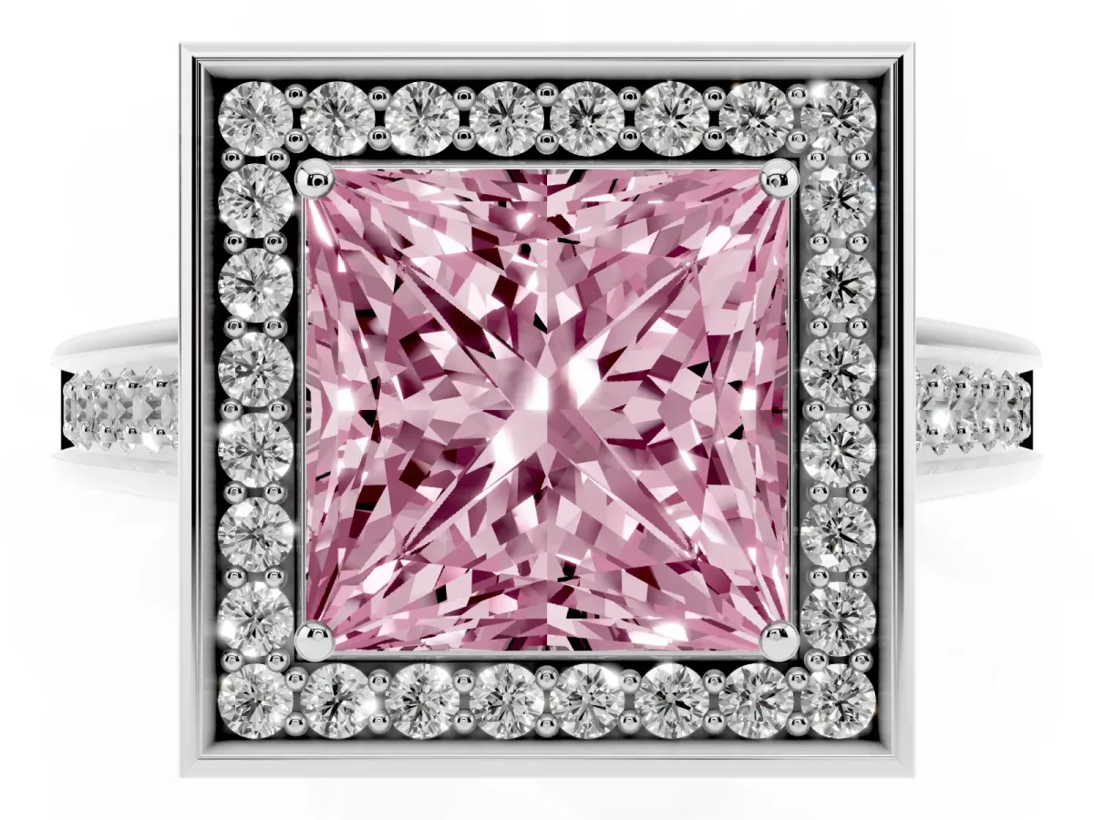 Fancy Pink Princess Cut Halo Solitaire Diamond Ring with Pave Band and Bezel Setting White gold