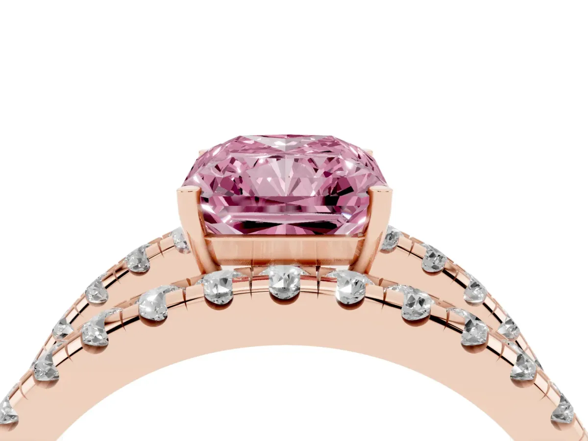 Fancy Pink Radiant Cut Solitaire Split Shank Pave Diamond Ring Rose gold
