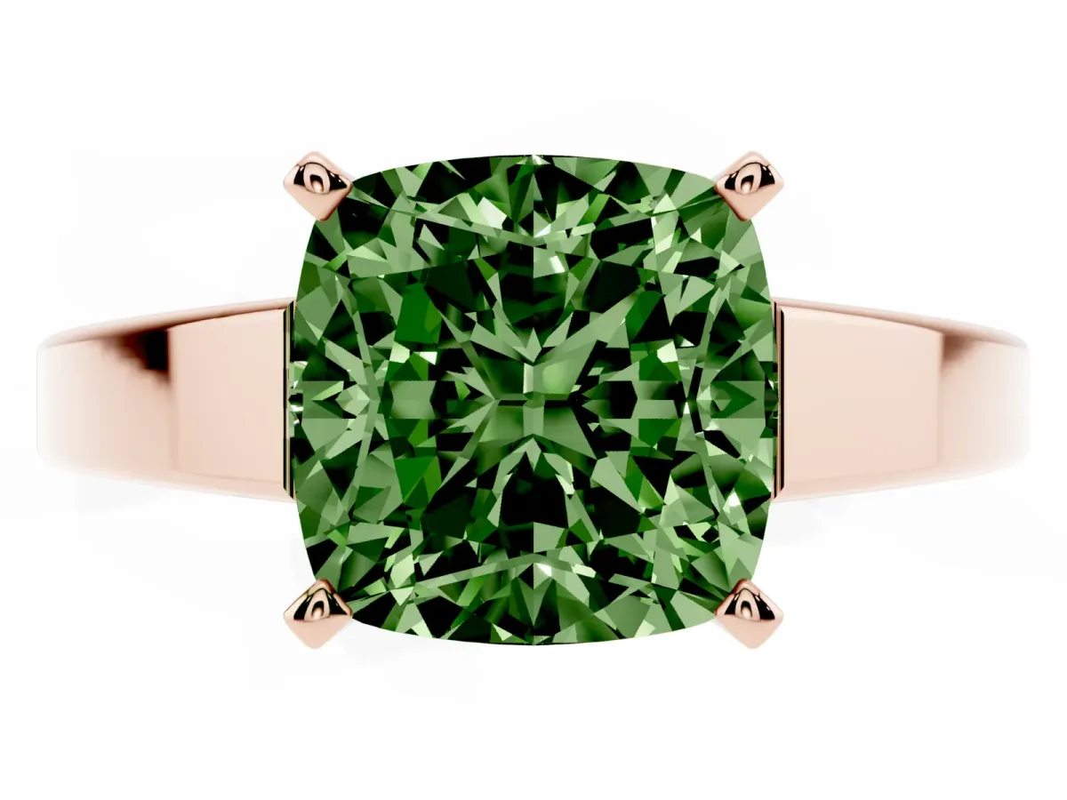 Fancy Green Cushion Cut Solitaire Engagement Ring with Four-Prong Setting and Tapered Band Rose gold