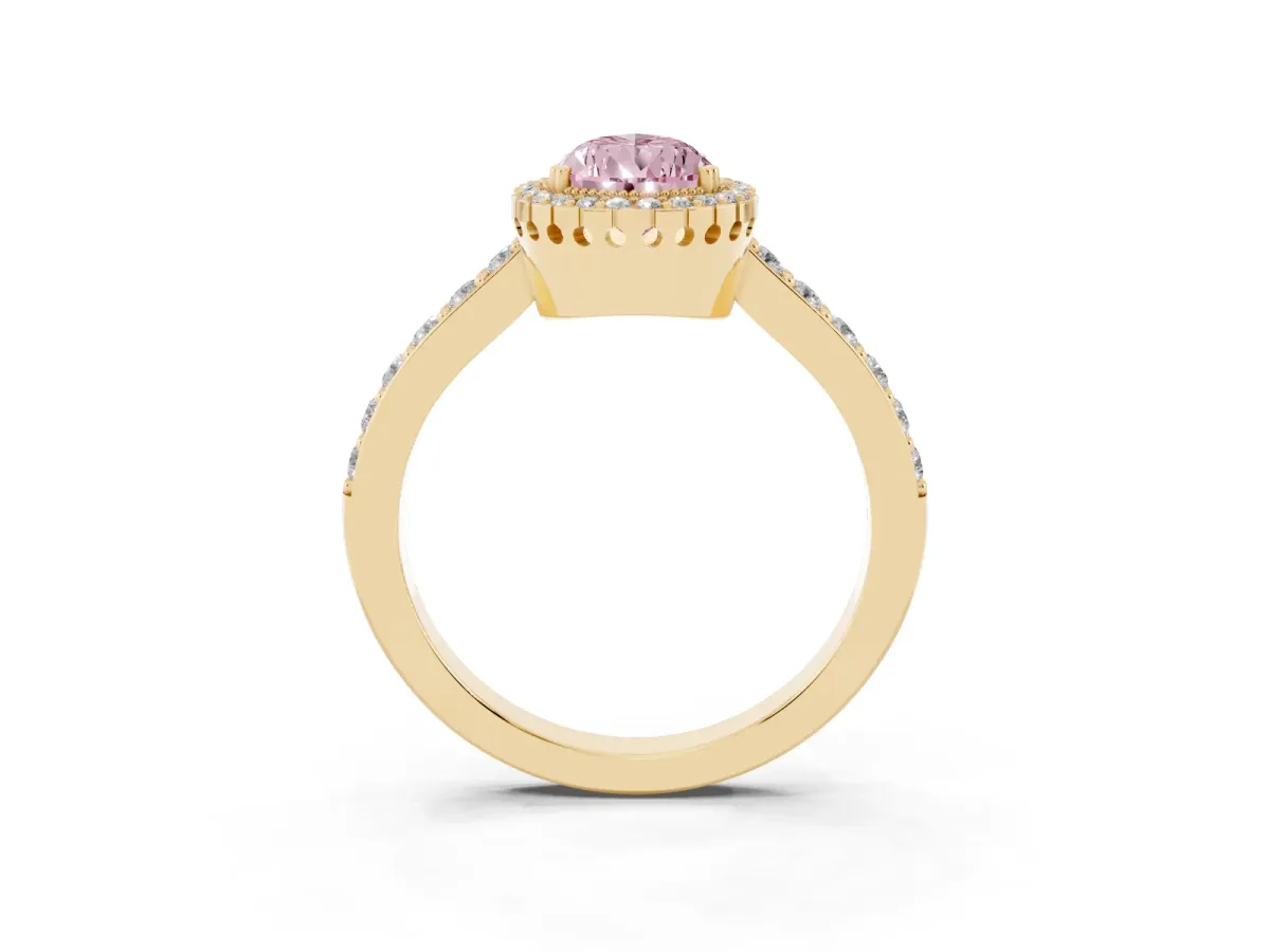 Fancy Pink Pear Cut Cut Diamond Halo Engagement Ring with Milgrain Detail and Pavé Band Yellow gold