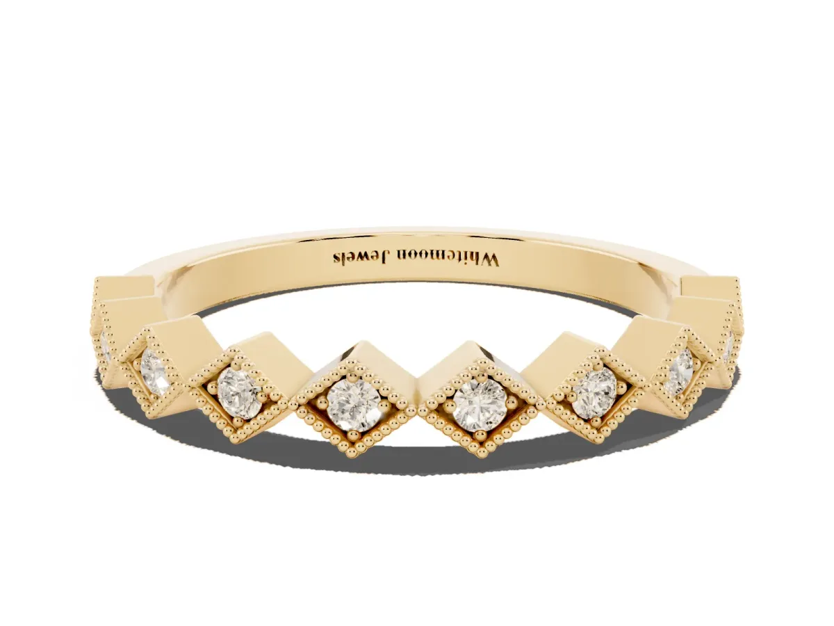 Milgrain Diamond Geometric Stackable Band with Round Cut Stones and Bezel Setting Yellow gold