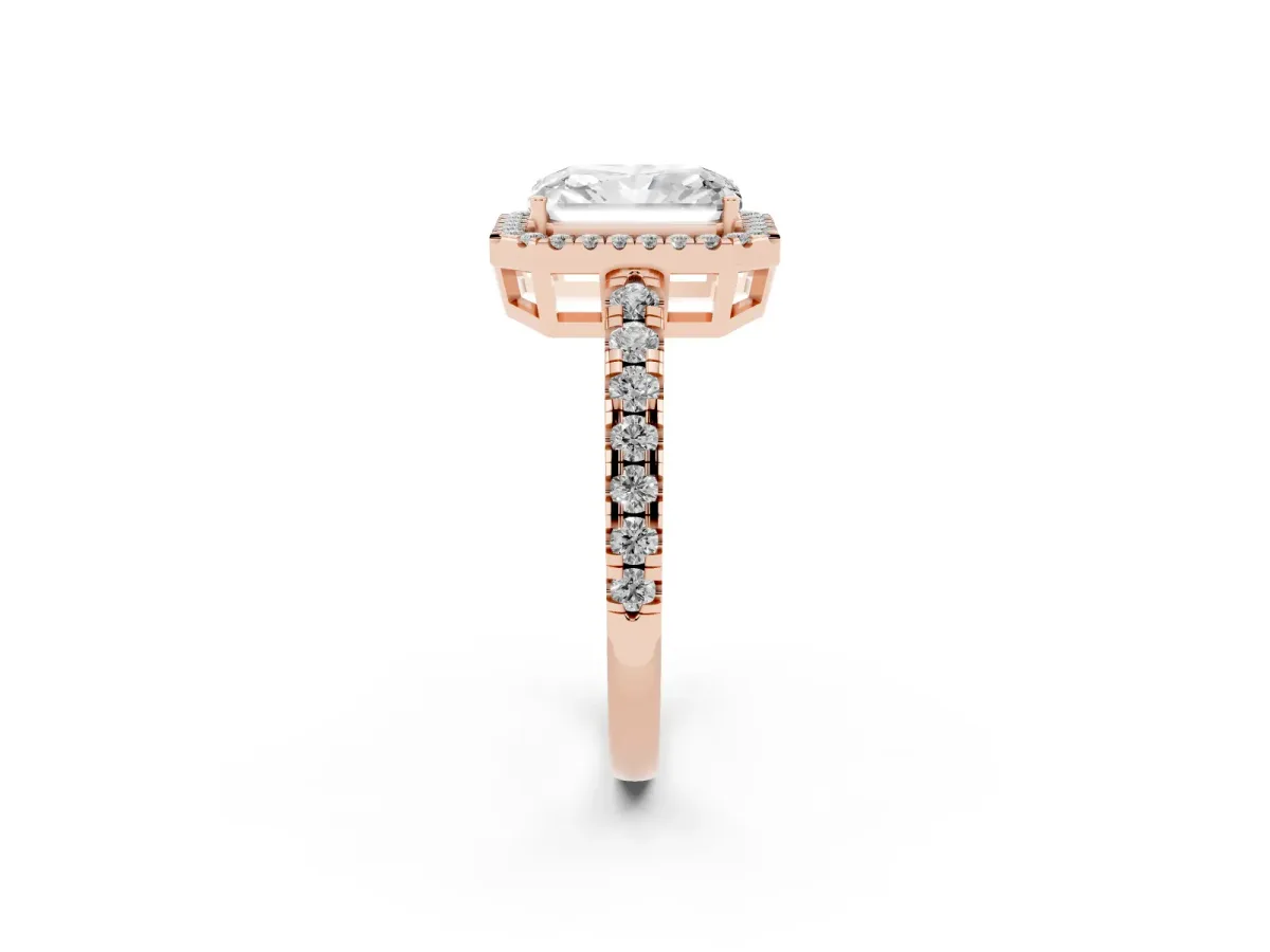 Radiant Cut Diamond Halo Ring with Pavé Band and Four-Prong Setting Rose gold