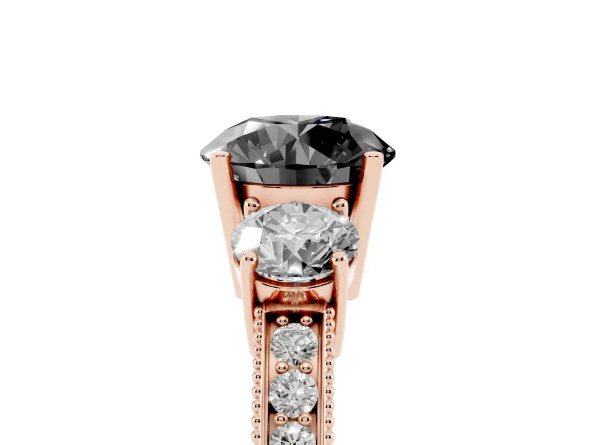 Fancy Black Round Cut Three-Stone Diamond Ring with Pavé Band and Four-Prong Setting Rose gold