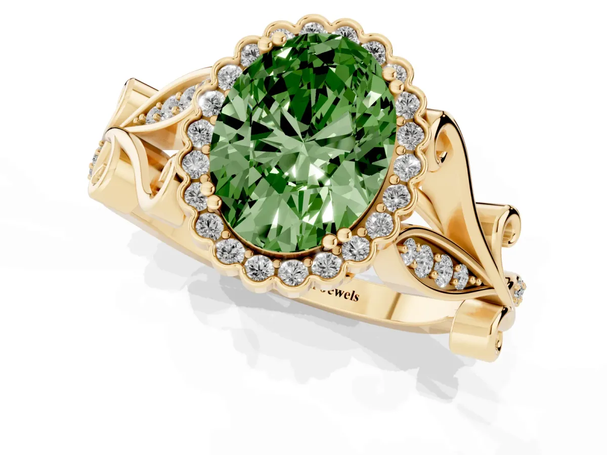 Fancy Green Oval Cut Diamond Halo Ring with Vintage Split Shank and Four-Prong Setting Yellow gold