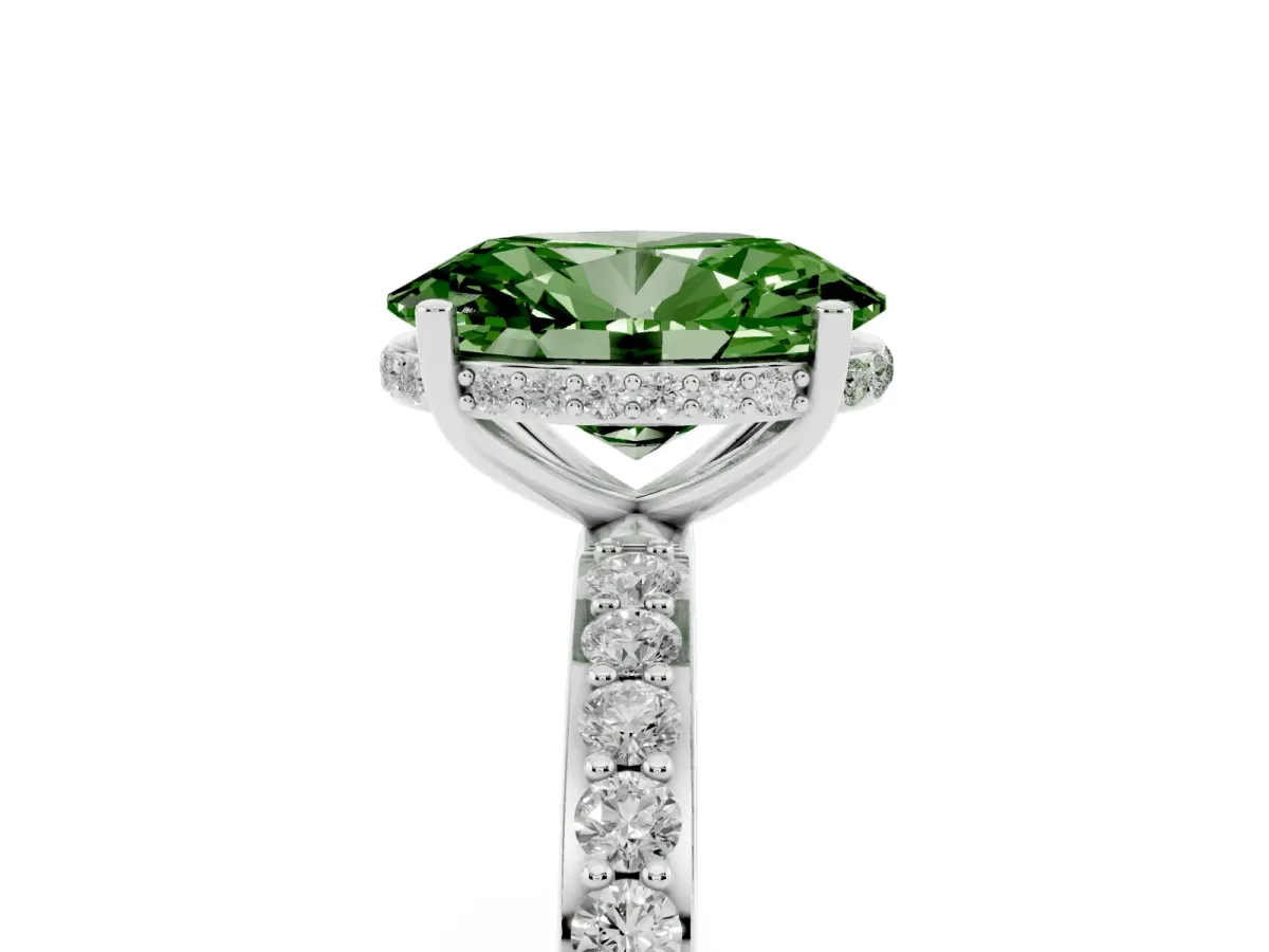 Fancy Green Oval Cut Diamond Solitaire Ring with Pavé Band and Hidden Halo Silver