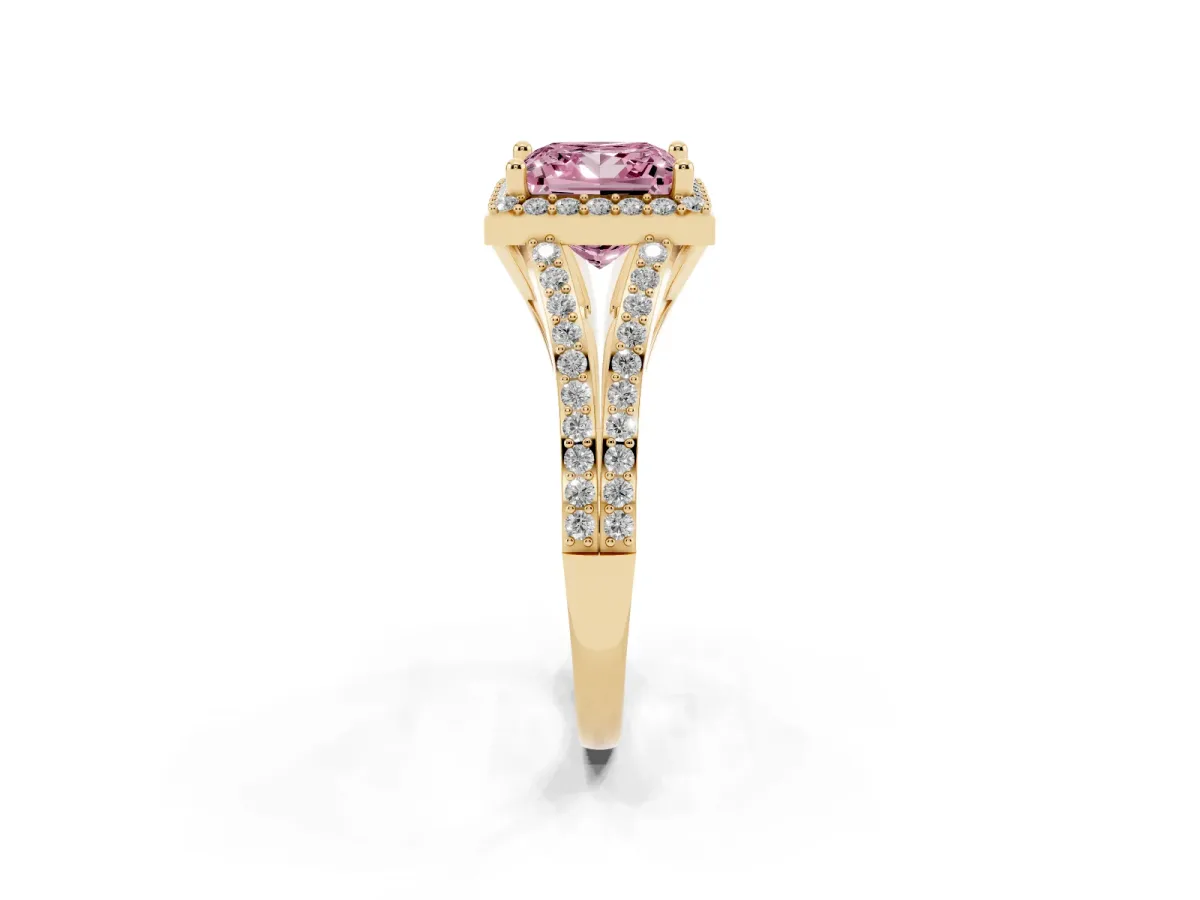 Fancy Pink Princess Cut Halo Split Shank Pave Diamond Ring with Four-Prong Setting Yellow gold