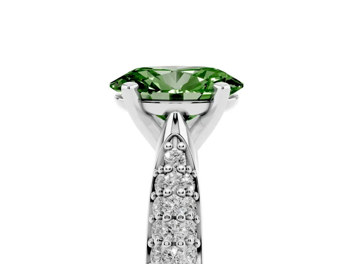 Fancy Green Oval Cut Diamond Solitaire Engagement Ring with Multi-Row Round Pavé Band and Prong Setting White gold