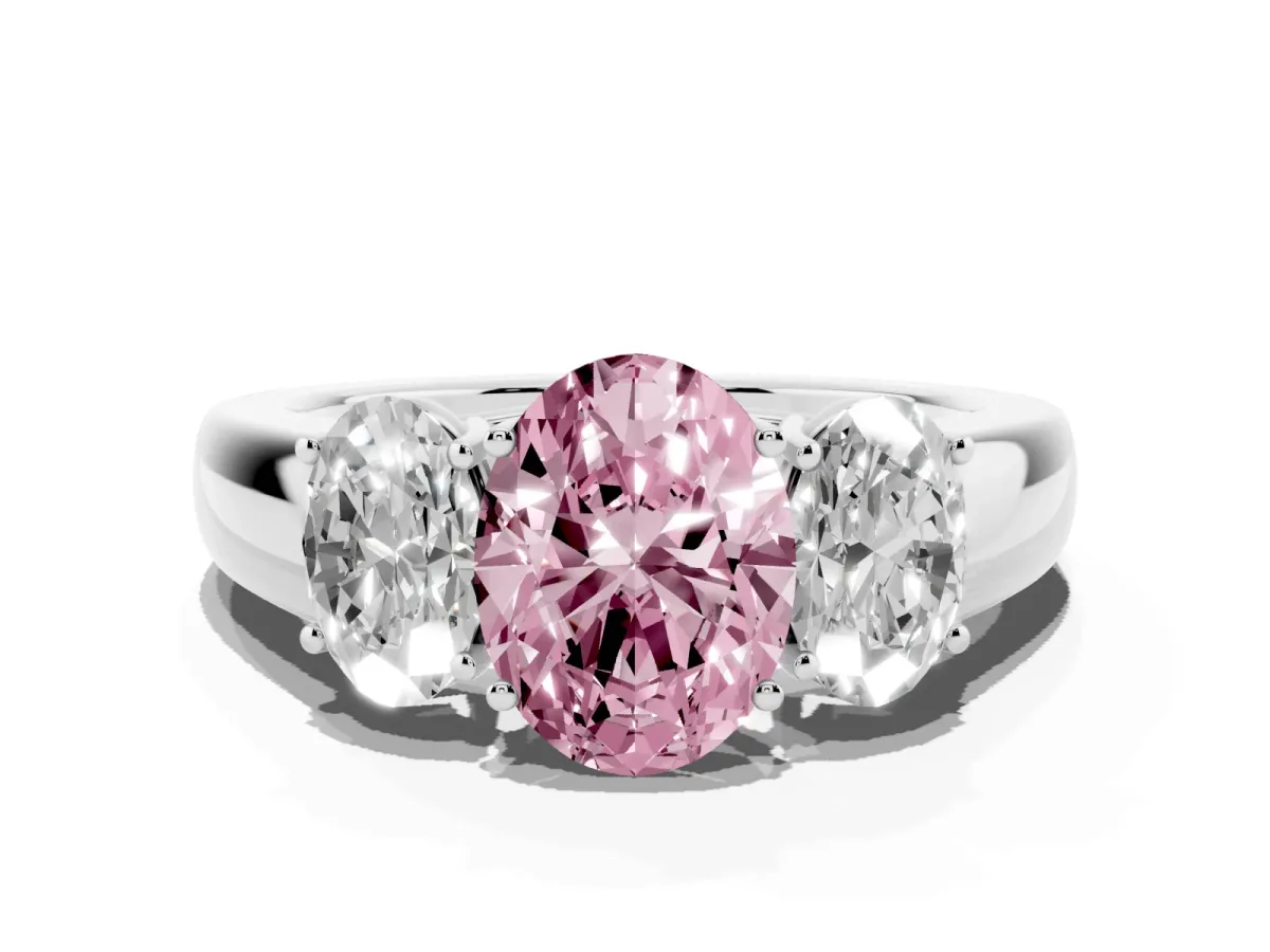 Fancy Pink Three-Stone Oval Cut Cut Diamond Ring with Prong Setting and Classic Band Platinum