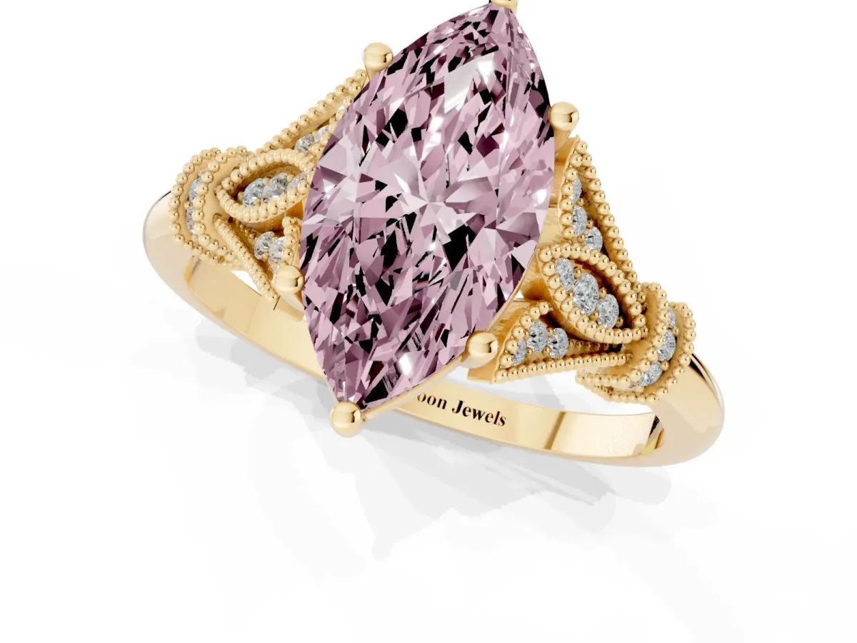 Fancy Pink Marquise Cut Diamond Solitaire Ring with Floral Filigree and Pave Accents Yellow gold