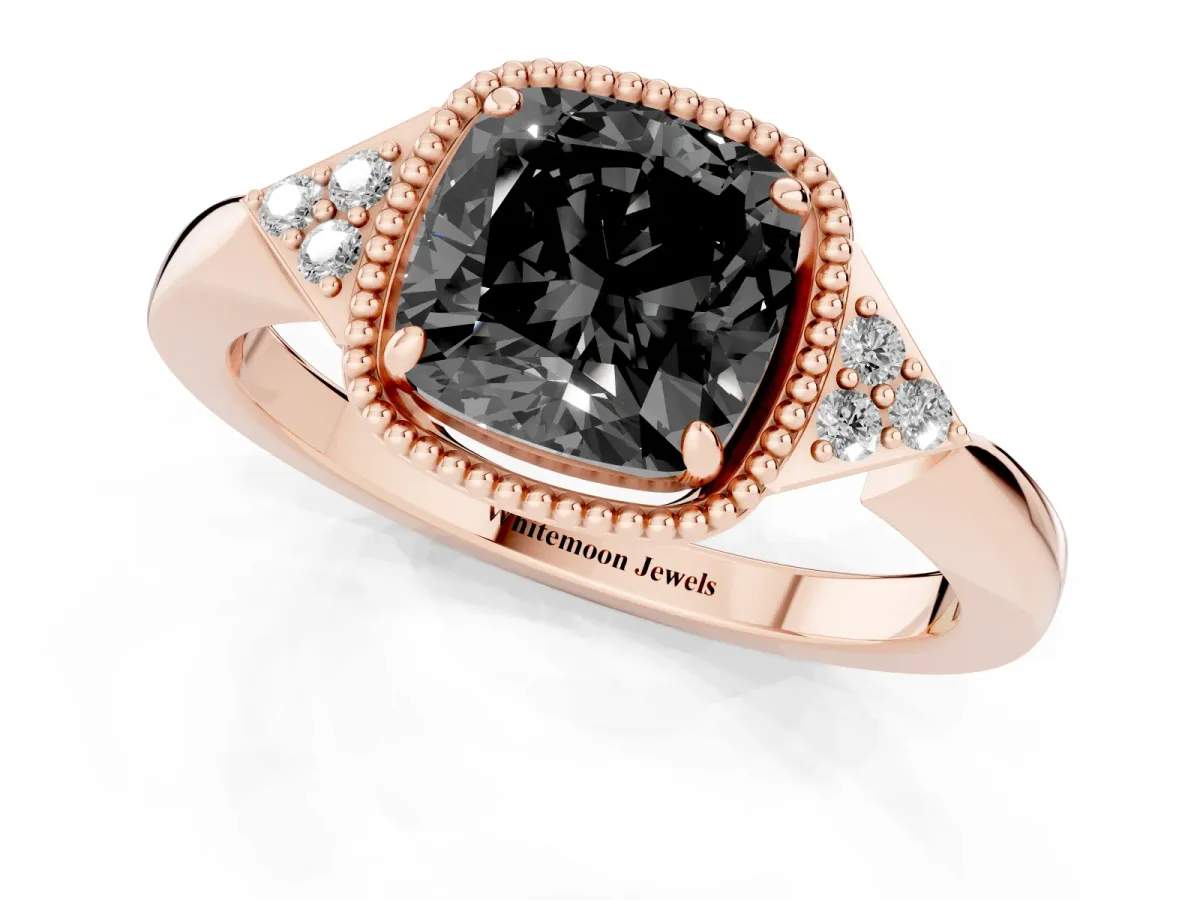 Fancy Black Hexagonal Halo Cushion Cut Diamond Solitaire with Pavé Band and Four-Prong Setting Rose gold