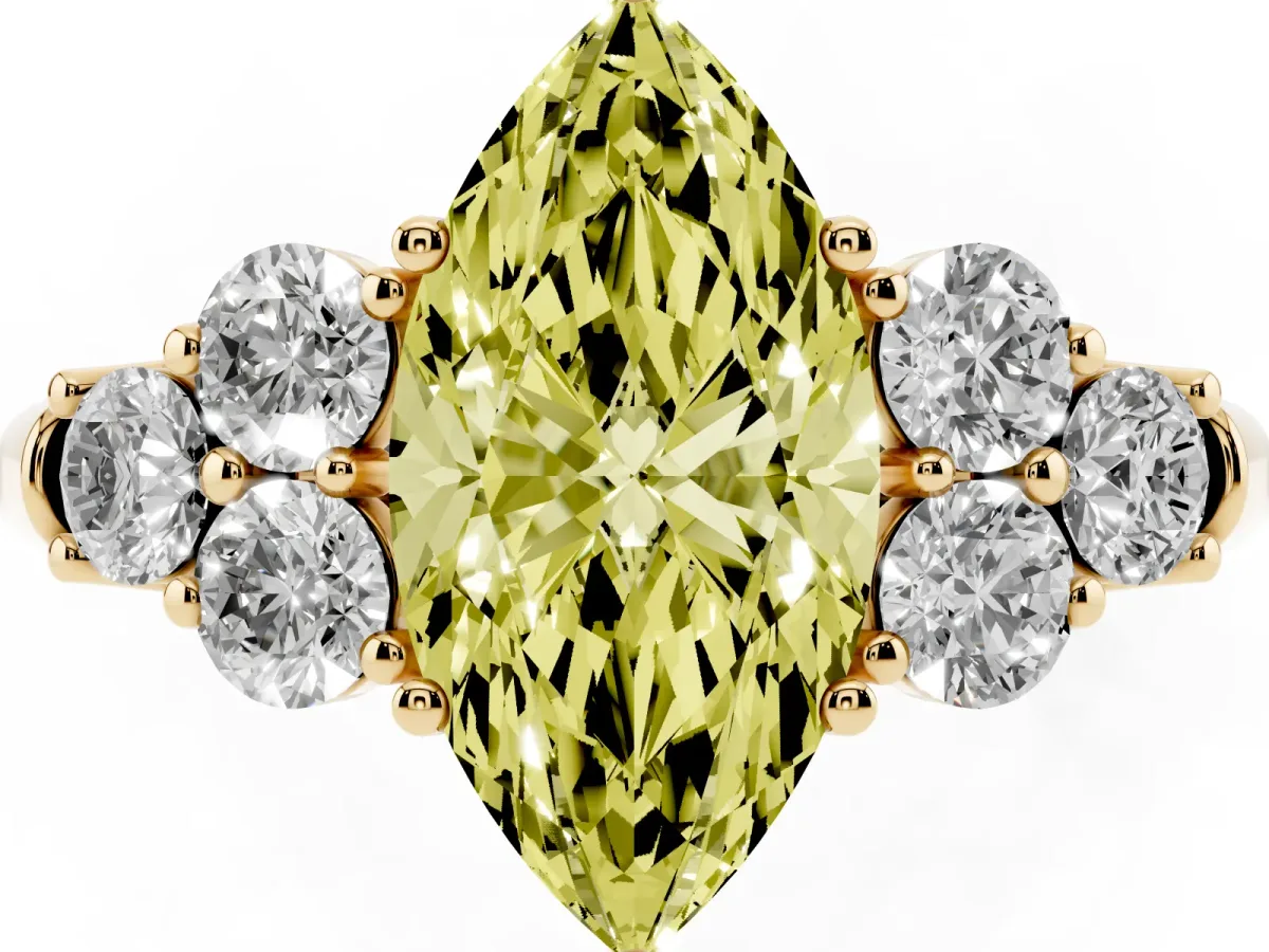 Fancy Yellow Marquise Cut Cut Diamond Cluster Ring with Round Accent Stones and Prong Setting on a Classic Band Yellow gold