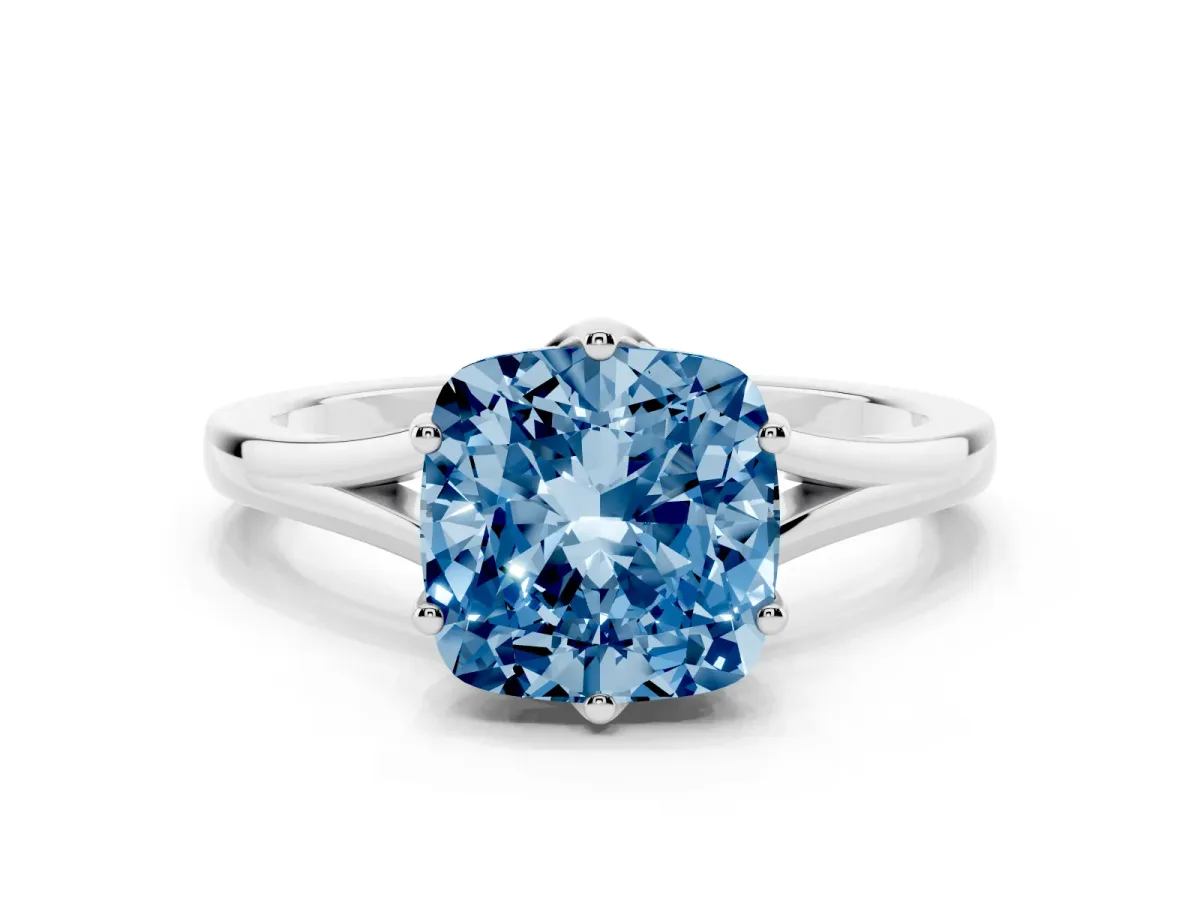 Fancy Blue Cushion Cut Solitaire Diamond Ring with Six-Prong Setting and Tapered Band Platinum
