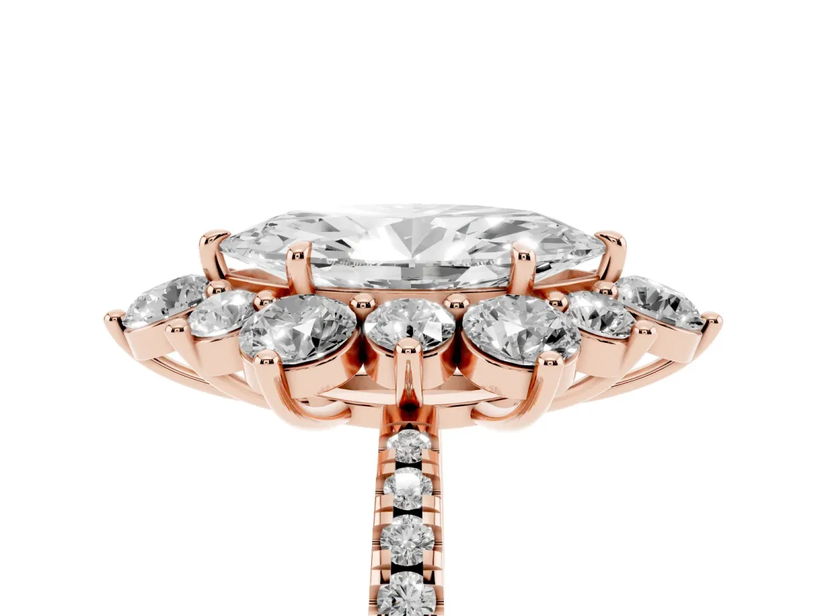 Marquise Cut Diamond Floral Halo Ring with Round Pavé Band and Prong Setting Rose gold