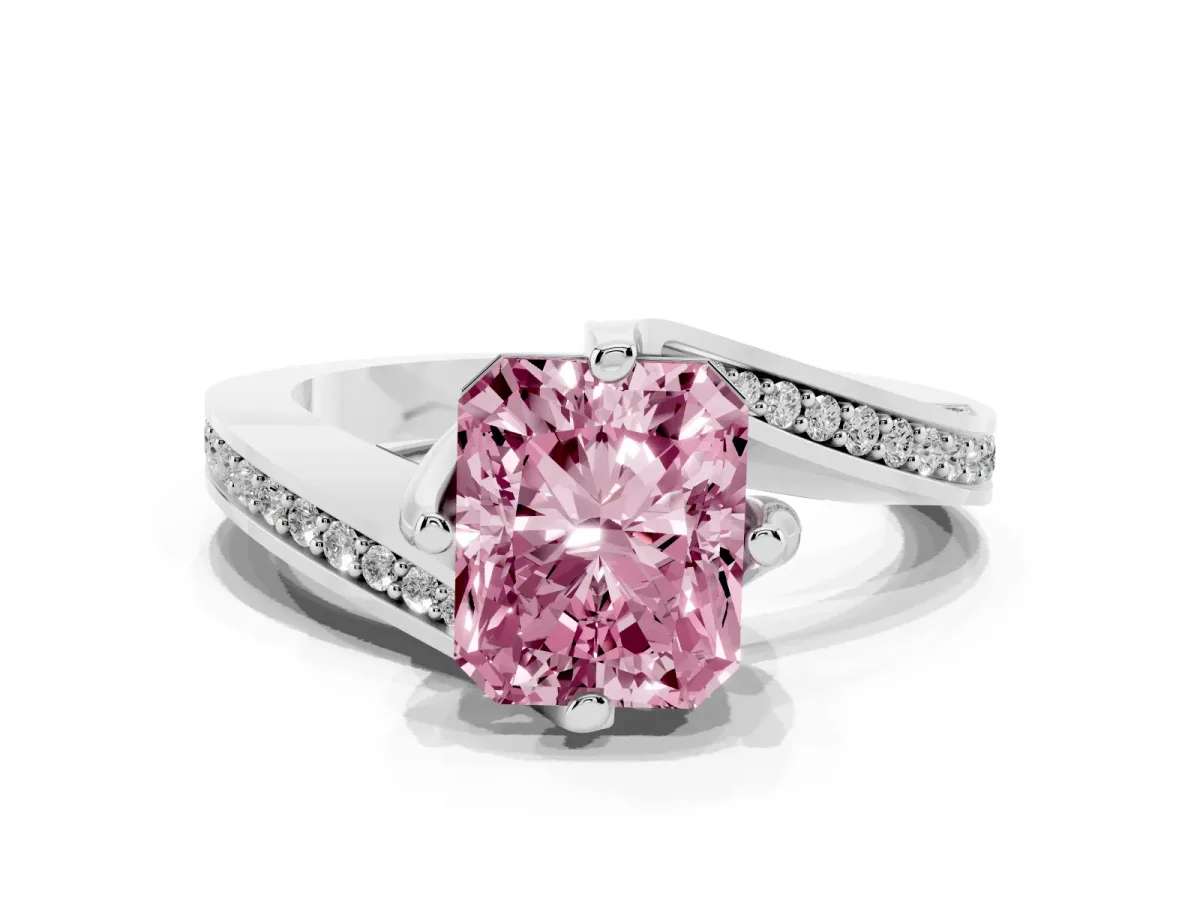 Fancy Pink Radiant Cut Solitaire Diamond Twist Band with Pavé Setting and Four-Prong Setting Silver