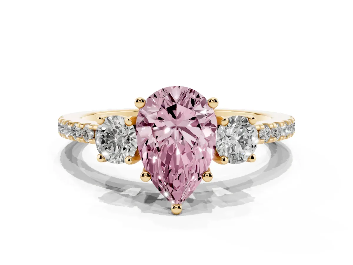 Fancy Pink Three-Stone Pear Cut Cut Diamond Pavé Band with Prong Setting Yellow gold