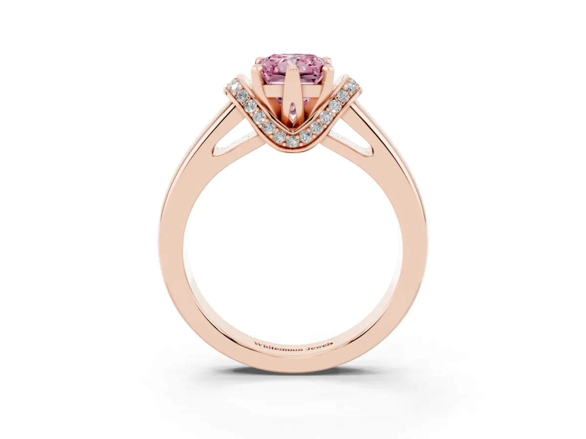 Fancy Pink Radiant Cut Solitaire Diamond Ring with Pave Band and Six-Prong Setting Rose gold