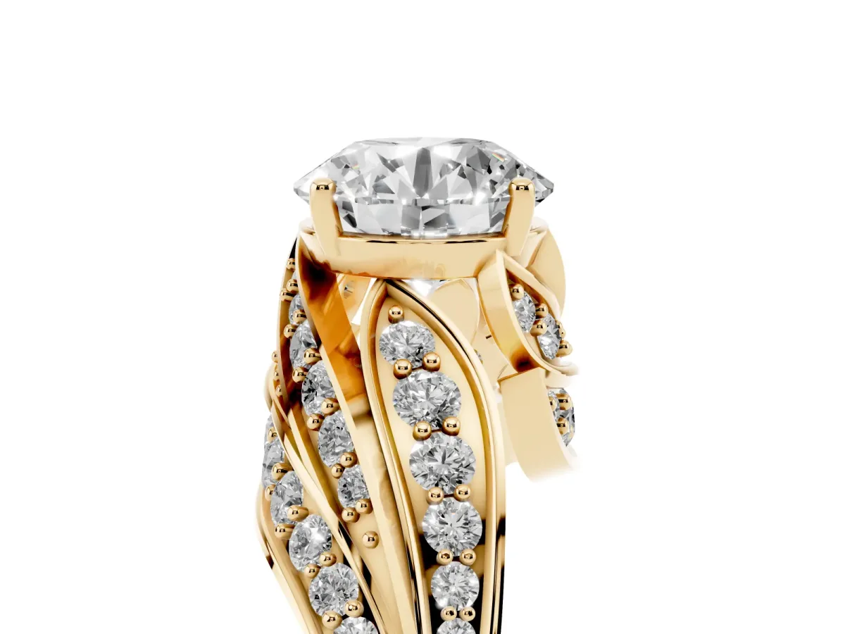 Round Cut Diamond Solitaire Ring with Prong Setting and Twisted Pavé Band Yellow gold