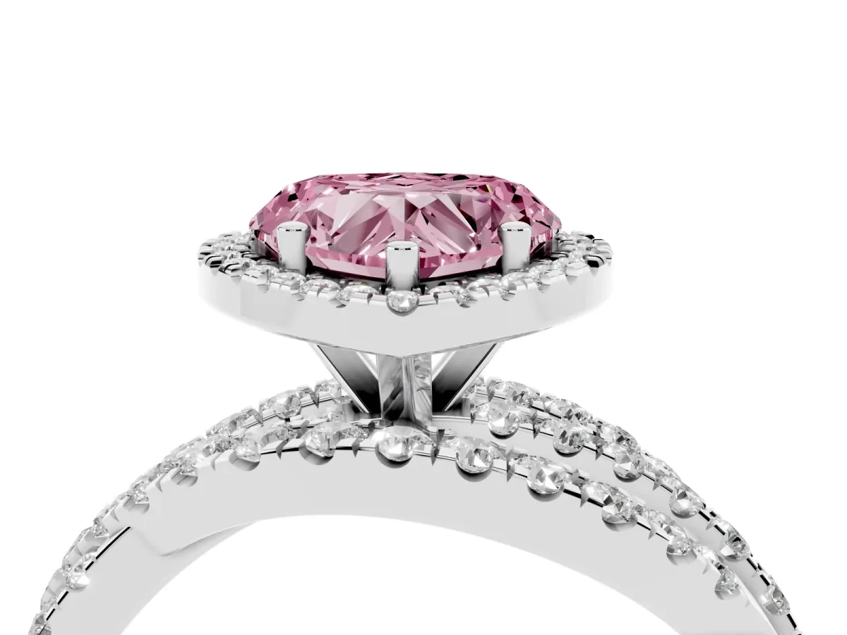 Fancy Pink Heart Cut Diamond Halo Ring with Round Split Shank and Prong Setting Platinum