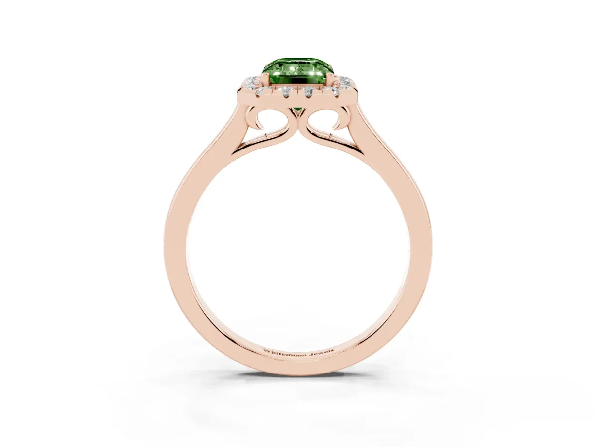 Fancy Green Emerald Cut Halo Round Diamond Solitaire Ring with Pavé Band and Four-Prong Setting Rose gold