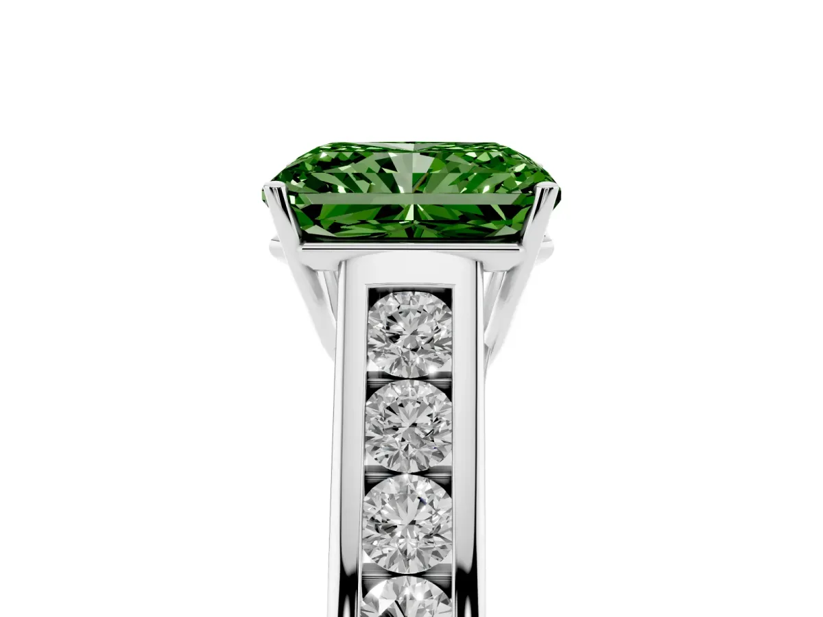 Fancy Green Radiant Cut Solitaire Channel-Set Diamond Engagement Ring with Four-Prong Setting Silver
