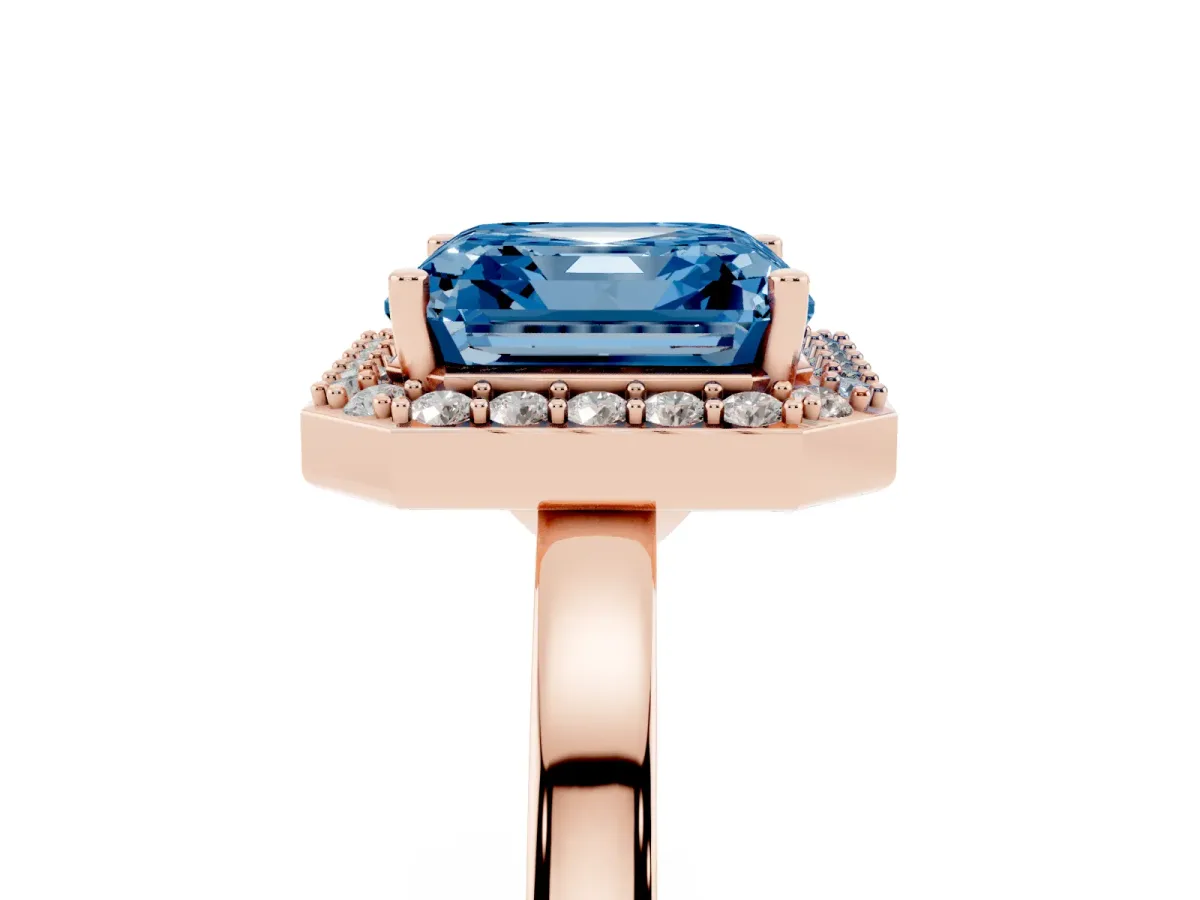 Fancy Blue Asscher Cut Halo Diamond Ring with Solitaire Band and Prong Setting Rose gold