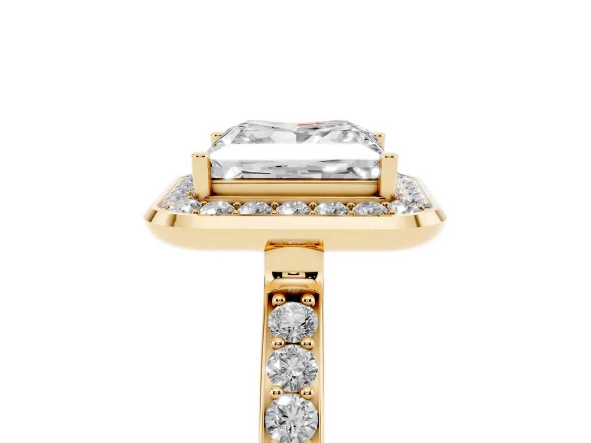 Princess Cut Diamond Halo Ring with Bezel Frame and Pavé Band Yellow gold