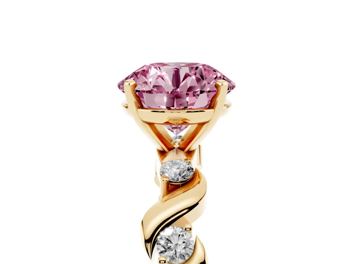 Fancy Pink Round Cut Diamond Solitaire Twisted Band with Round Accents and Prong Setting Yellow gold