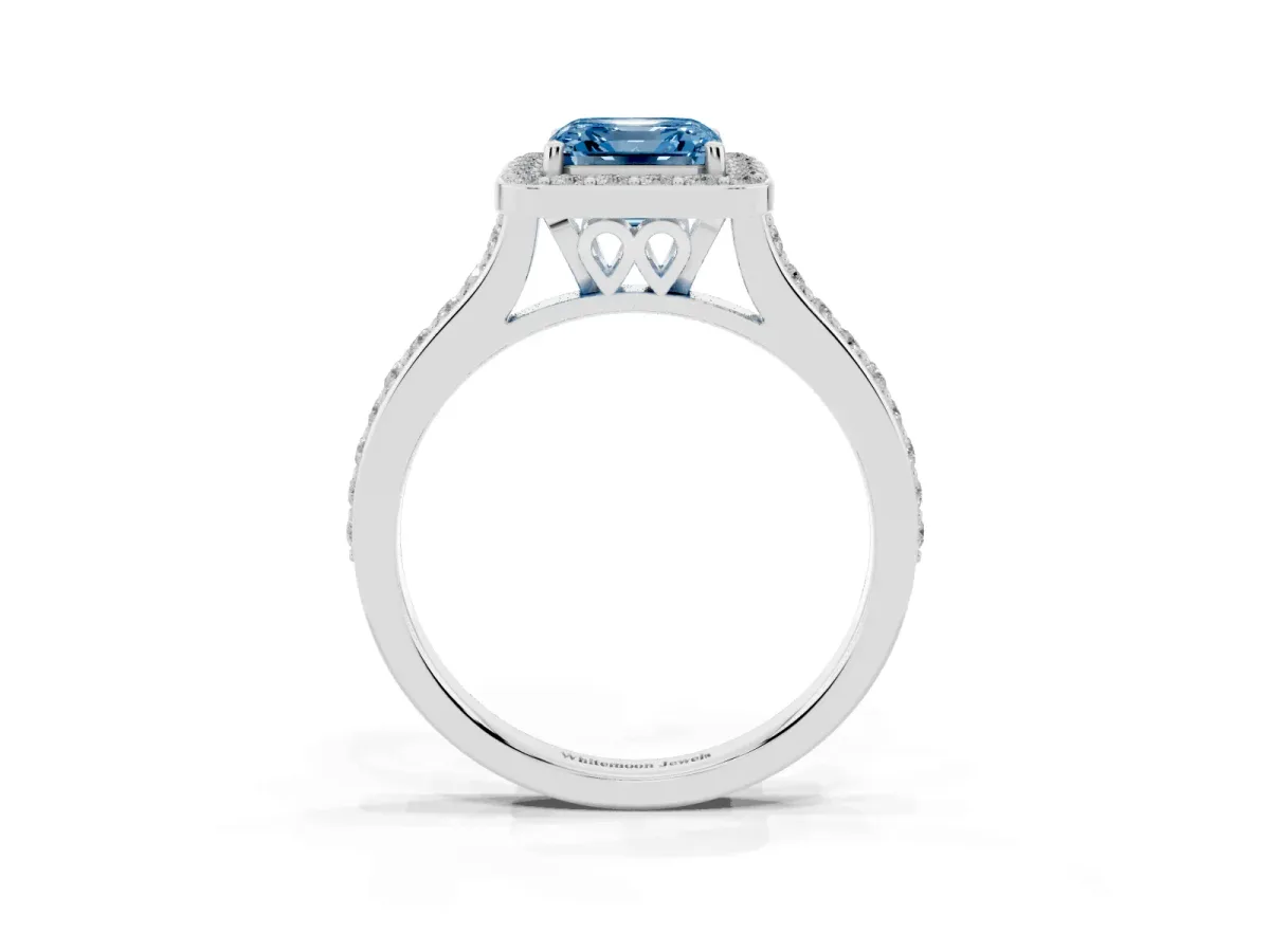 Fancy Blue Asscher Cut Diamond Halo Engagement Ring with Round Pavé Shoulders and Prong Setting Platinum