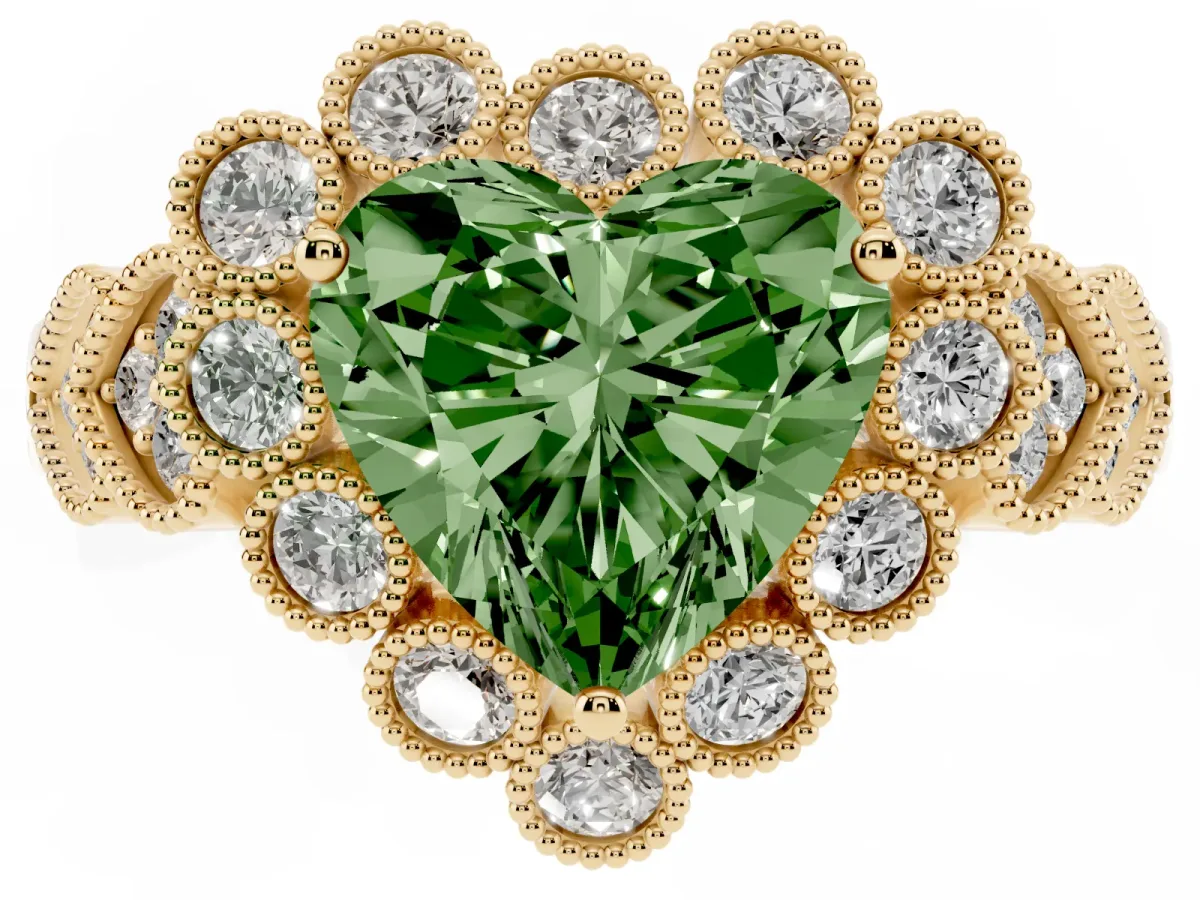 Fancy Green Heart Cut Brilliant Milgrain Pave Heart Band Solitaire Ring Yellow gold