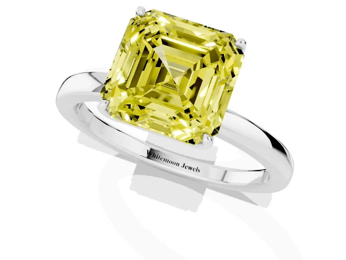 Fancy Yellow Asscher Cut Diamond Solitaire Ring with Thin Band and Prong Setting Silver