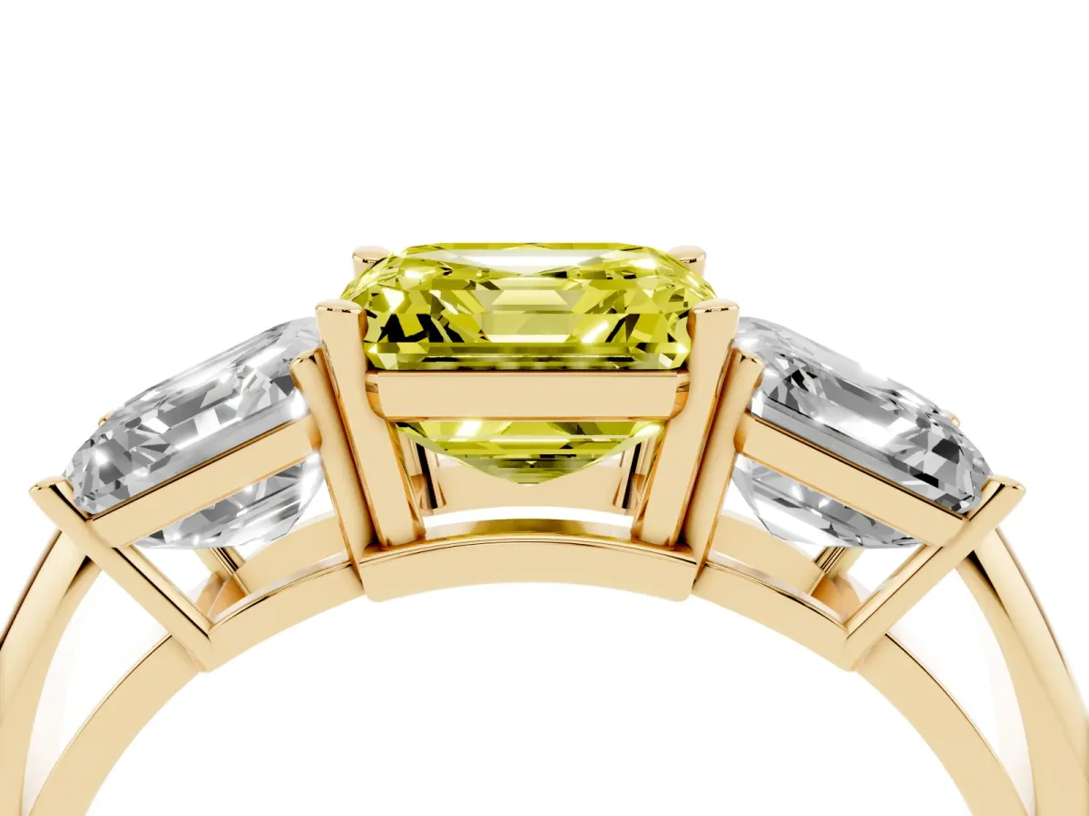 Fancy Yellow Three-Stone Asscher Cut Cut Diamond Engagement Ring with Prong Setting on a White Gold Band Yellow gold