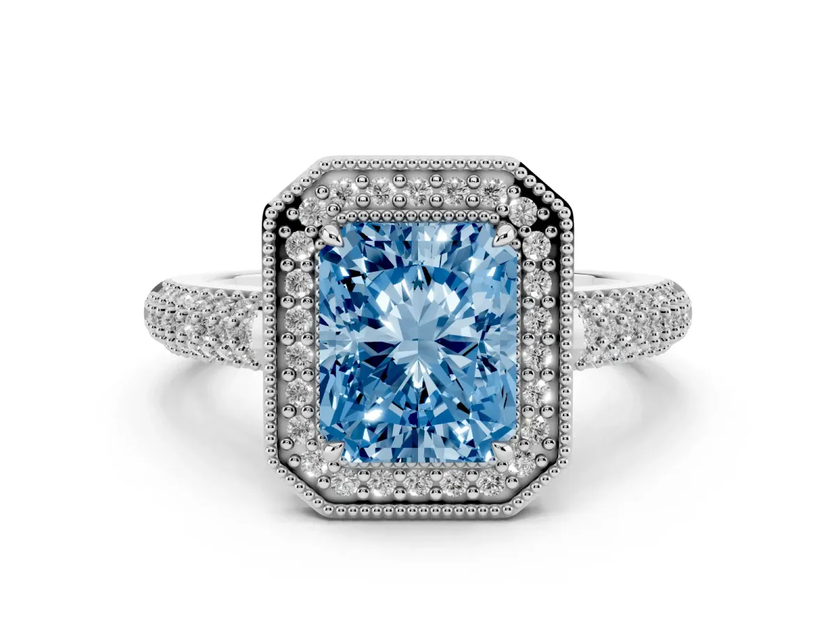 Fancy Blue Radiant Cut Cut Halo Diamond Pave Band with Four-Prong Setting Platinum