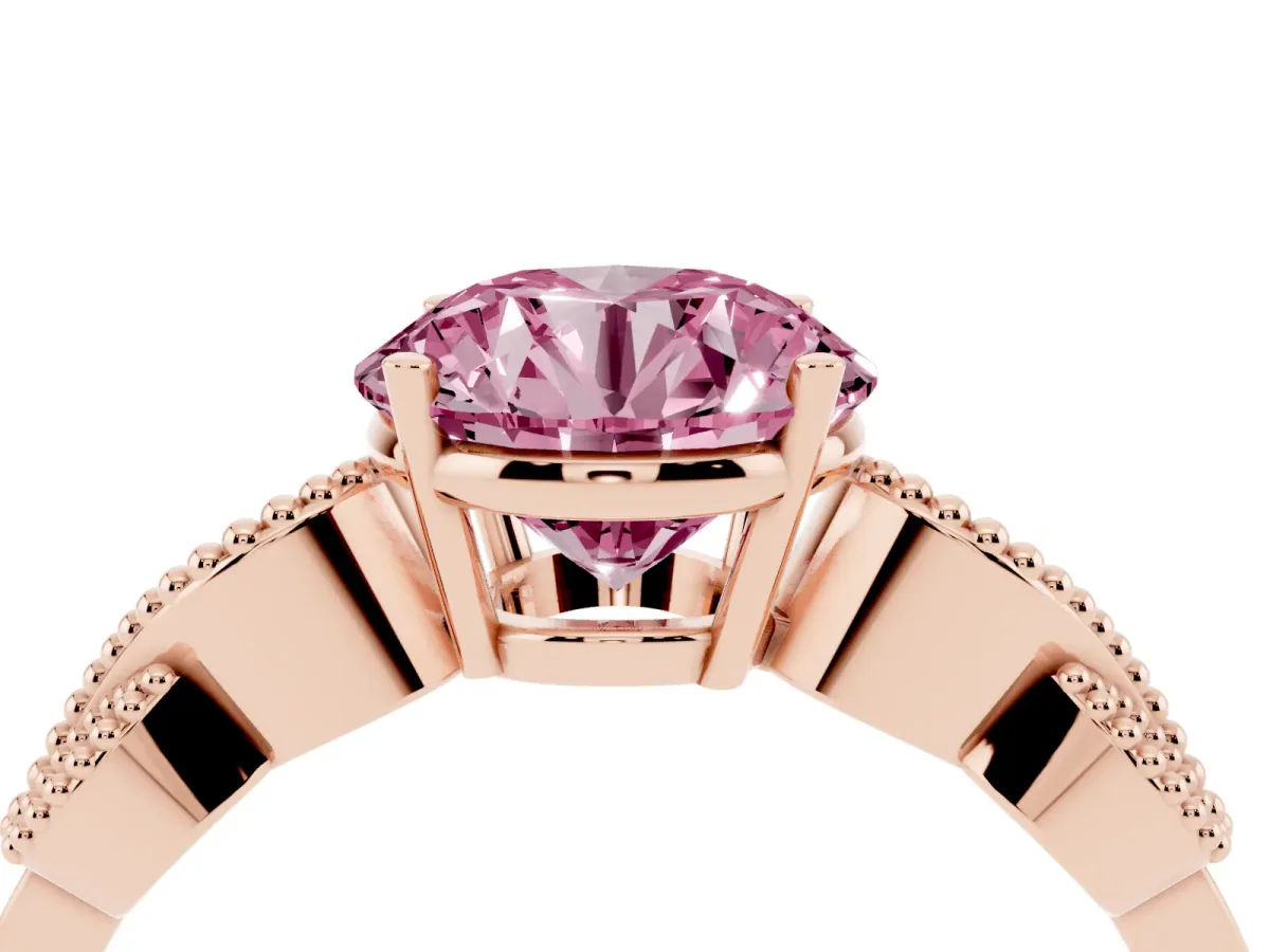 Fancy Pink Round Cut Solitaire Milgrain Leaf Band with Prong Setting Rose gold