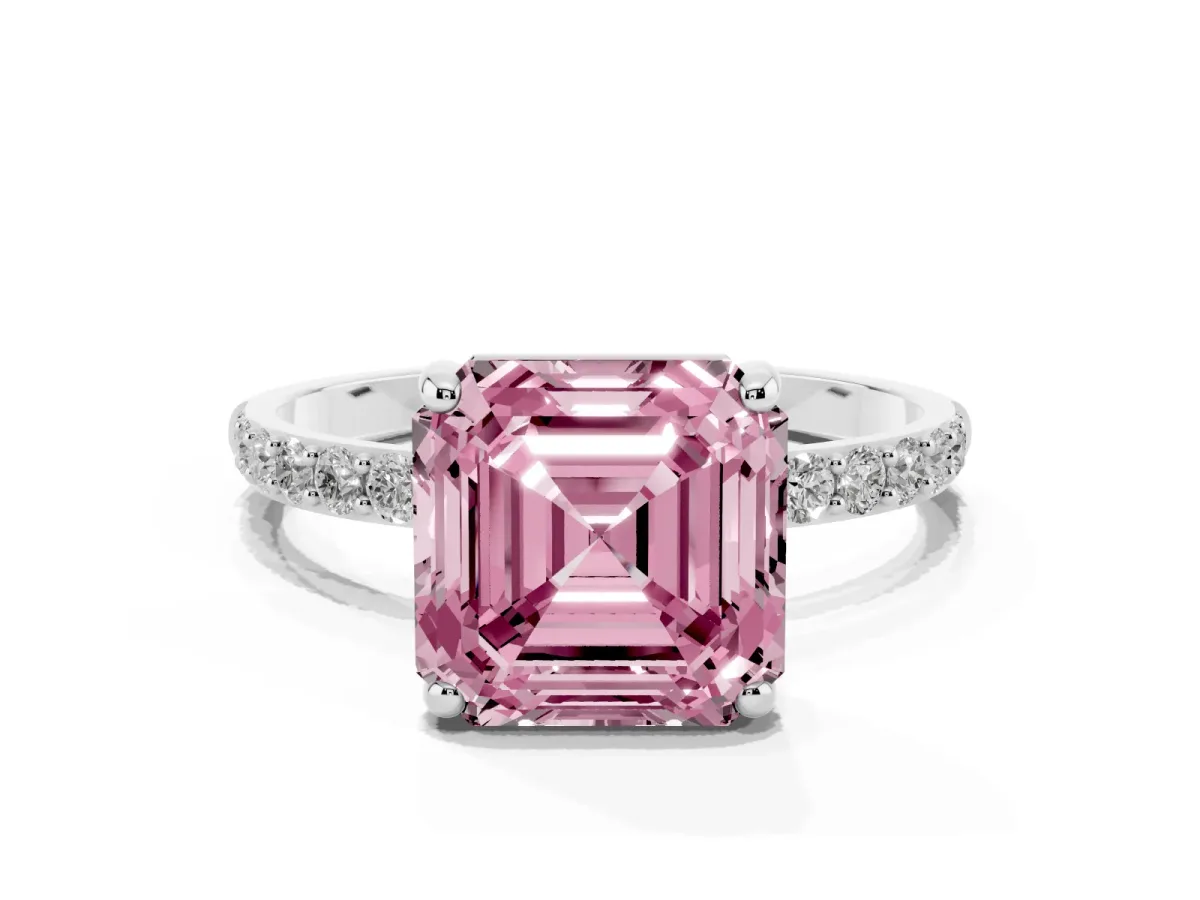 Fancy Pink Asscher Cut Diamond Solitaire Ring with Round Pavé Band and Prong Setting Silver