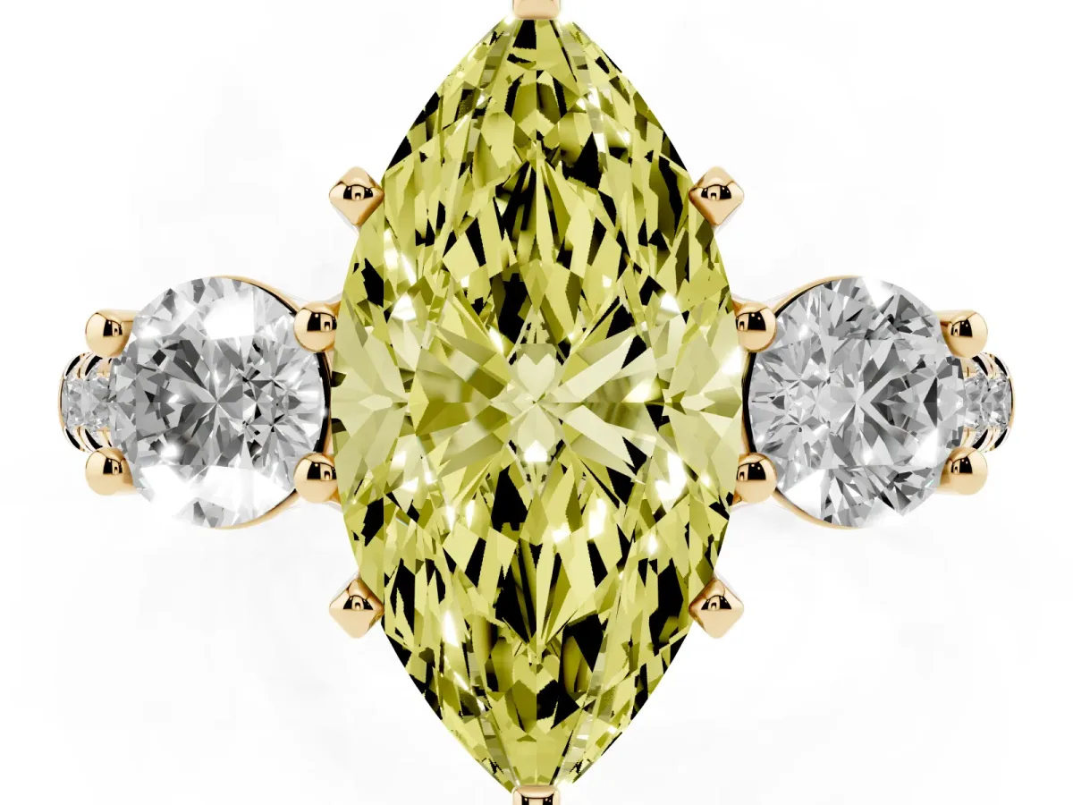 Fancy Yellow Three-Stone Marquise Cut Diamond Pavé Band with Four-Prong Setting Yellow gold