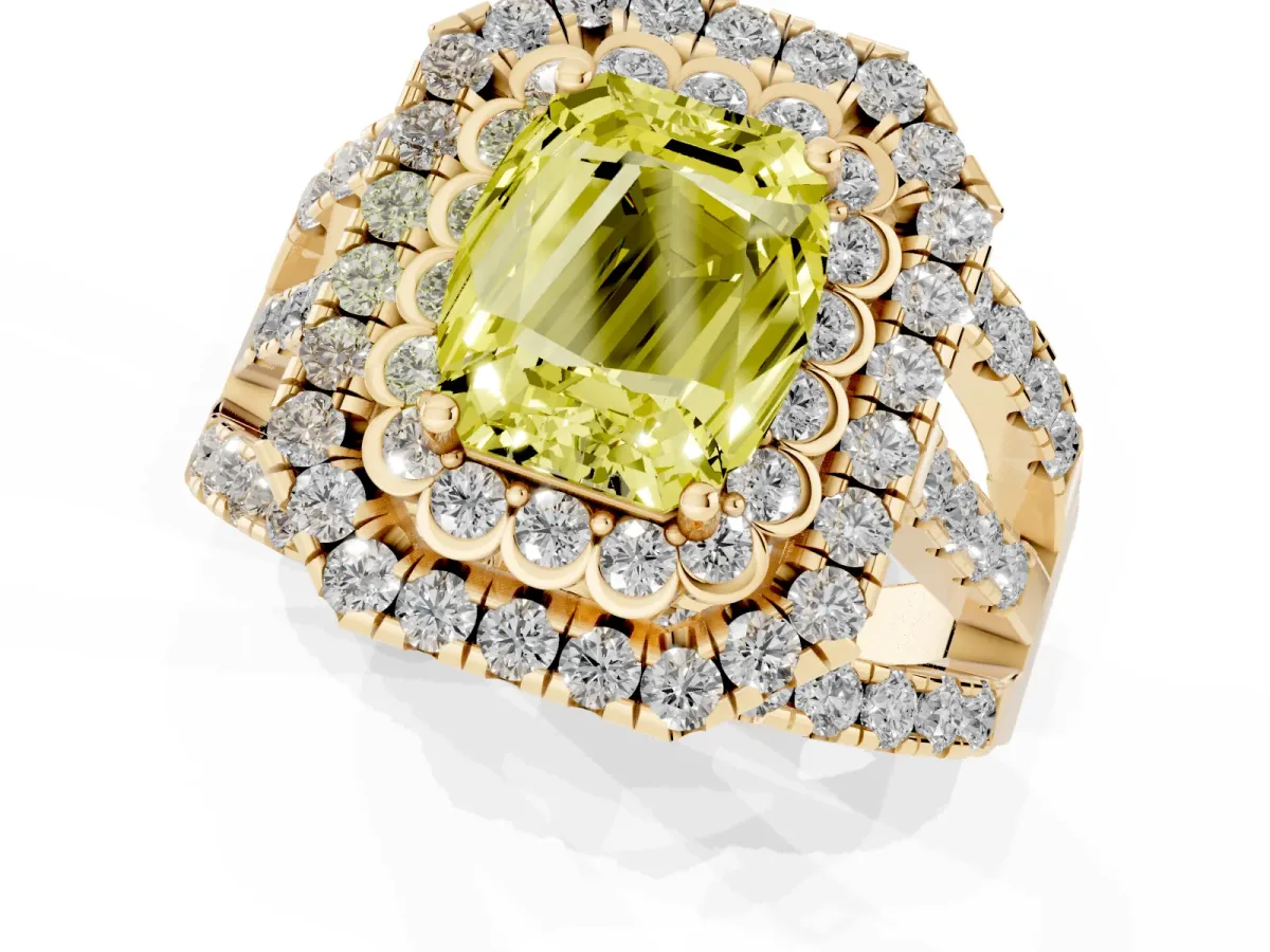 Fancy Yellow Emerald Cut Diamond Double Halo Ring with Round Pavé Split Shank and Prong Setting Yellow gold