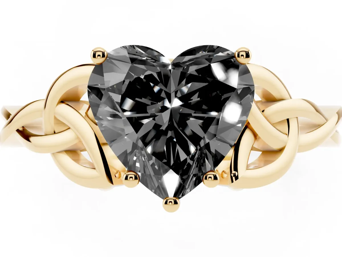Fancy Black Heart Cut Diamond Solitaire Engagement Ring with Celtic Knot Band and Four-Prong Setting Yellow gold