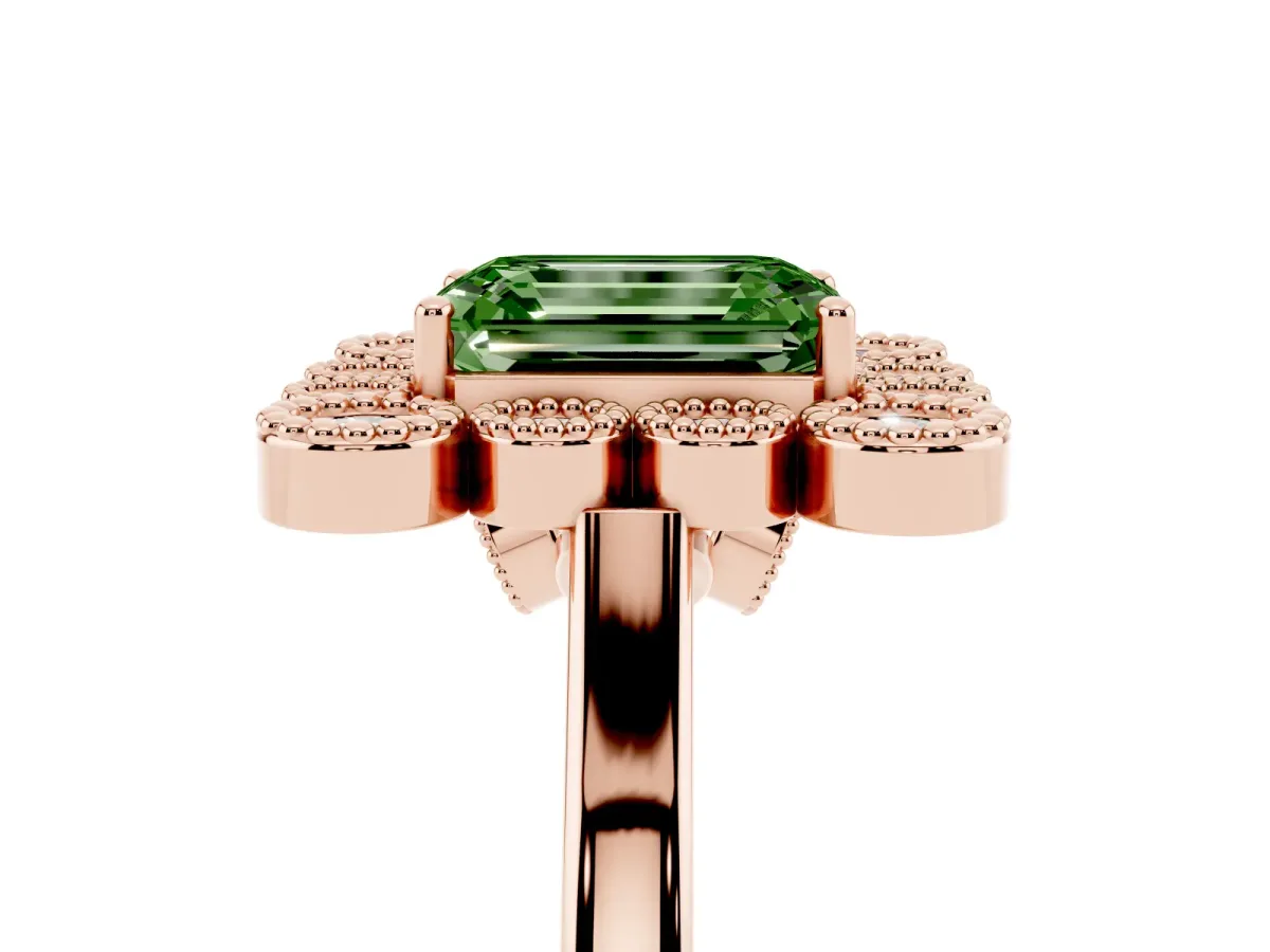 Fancy Green Emerald Cut Halo Diamond Cluster Engagement Ring with Milgrain Bezel Setting and Solitaire Band Rose gold